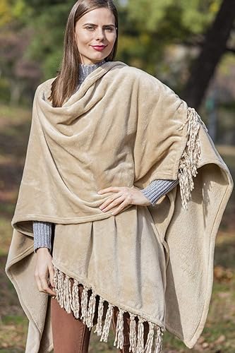 Miniatura 2 de SHOPBEDDING Poncho de forro polar de regalo para mamá, manta con flecos, capa de forro polar, Cozicoon (beige)