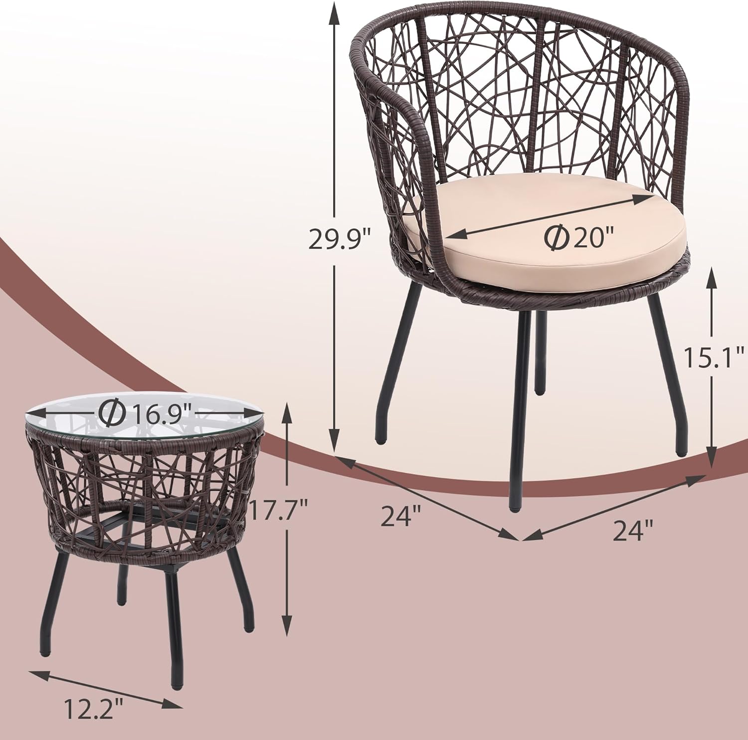 3-Piece Outdoor Bistro Set with Tempered Glass Table & Wicker Chairs, Modern Patio Furniture Set Includes 2 Chairs and Washable Cushions, Brown
