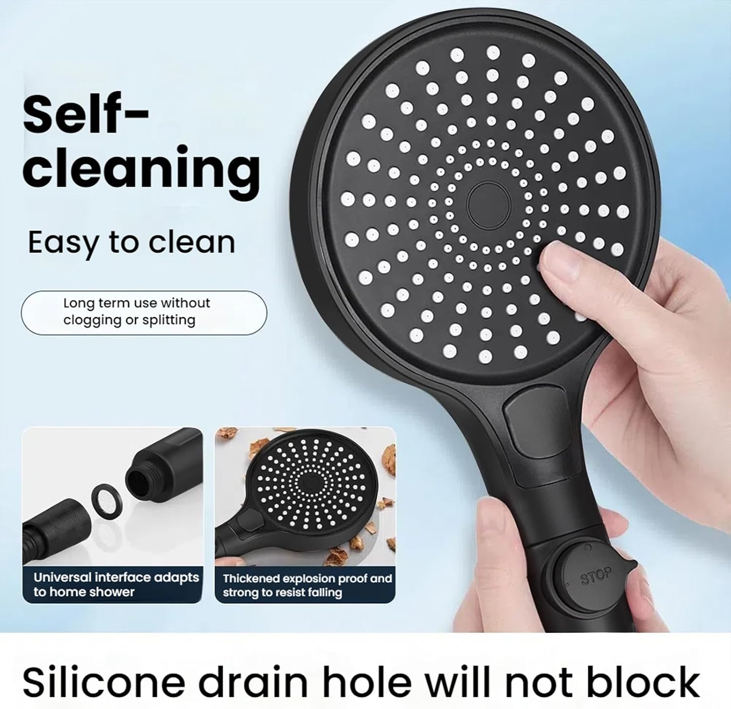 Filtered Handheld Shower Head with Hose and Holder, 5.1" Large High Pressure Shower Wand with 2 Extra Filters, Reinforced Matte Black Showerhead Set for Hard Water, 3 Spray Modes & One-Key Pause image 4