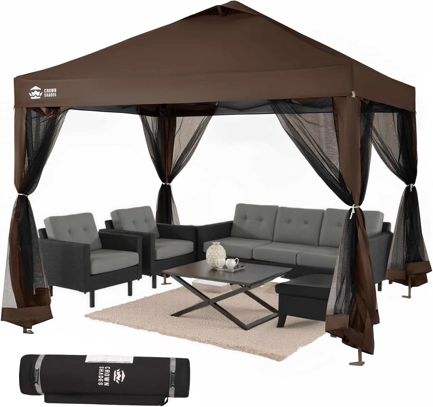Crown Shades 10x10 Pop Up Gazebo with Mosquito Netting, UV Protected Screen Tent Canopy for Patio Backyard - Coffee