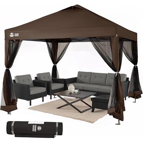 CROWN SHADES Gazebo 10x10, Pop Up Gazebo with Mosquito Netting, Screen Tent with 4 Ropes, 8 Stakes, 4 Sandbags and Wheeled Storage Bag, Canopy for Patio & Backyard, Coffee