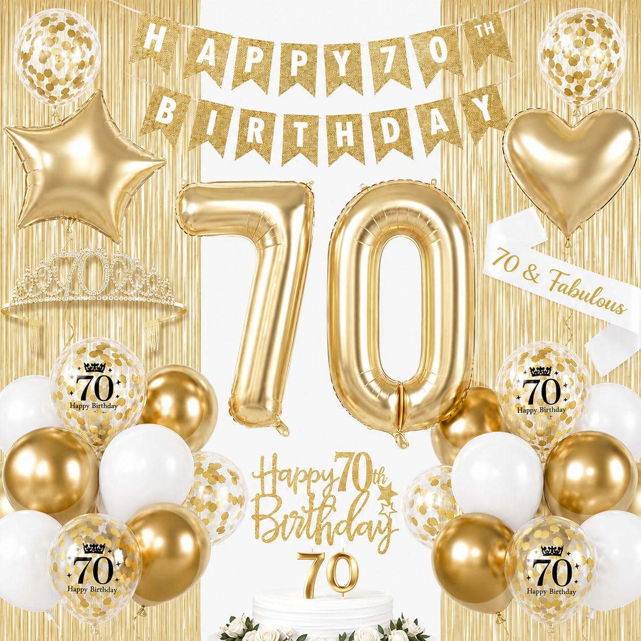 HILAVO 70th Birthday Decorations for Women, Champagne Gold Happy 70th