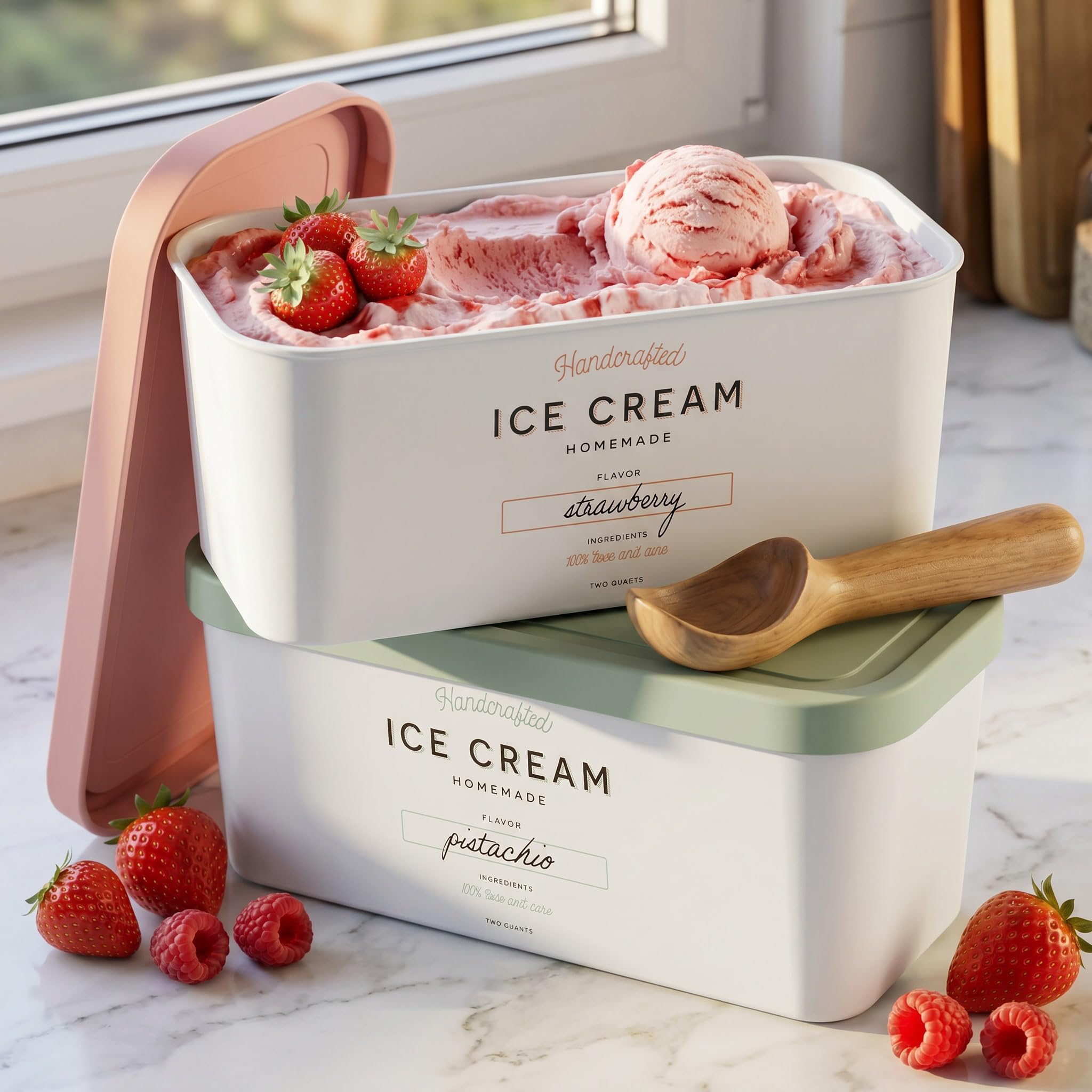 ZICOTO Set mit 2 wiederverwendbaren Eisbehältern 1,9 Liter jeweils - Perfekt für hausgemachtes Sorbet, gefrorenes Joghurt oder Gelato - Stapelbare Aufbewahrungsbehälter, Aufkleber und Deckel passen