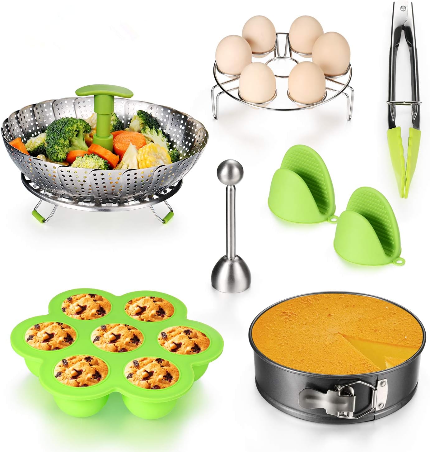 HCHUANG 7PCS Accessories for Instant Pot Set - 5,6,8 Qt Pressure Cooker Accessories Set with Steamer Basket,Eggshell Cutter,Egg Rack,Egg Bites Mold,Non-Stick Springform Pan,Tong,Silicone Mini Mitts