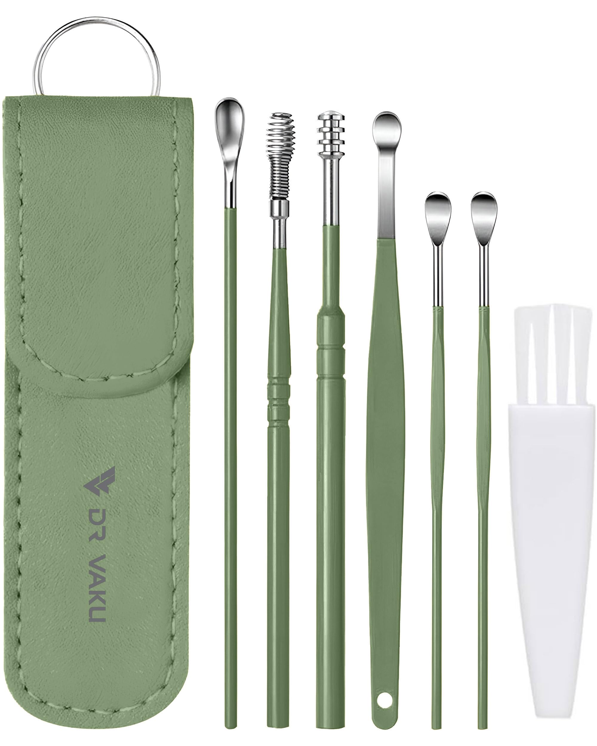 Dr Vaku® Reusable EarWax Removal Cleaning Tool Kit (Set of 7) Stainless Steel With Storage Case Ear Pick Scoop Curette Cleaner And Spring Buds Safe Easy & Hygienic- Green