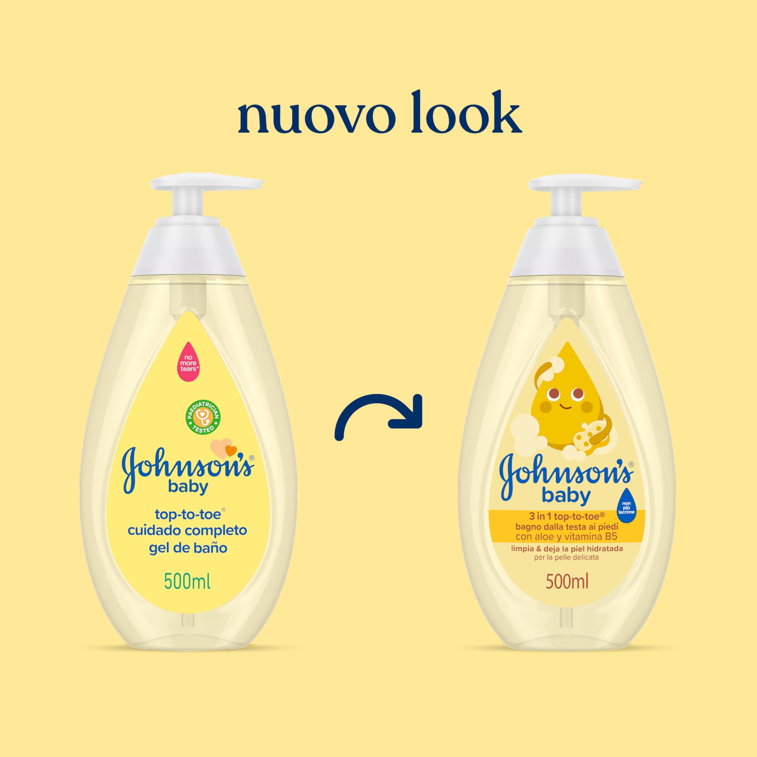Johnson's Baby Top-to-Toe 3 in 1 Bagno dalla Testa ai Piedi 500 ml Bagnoschiuma e shampoo bambini per viso corpo e capelli