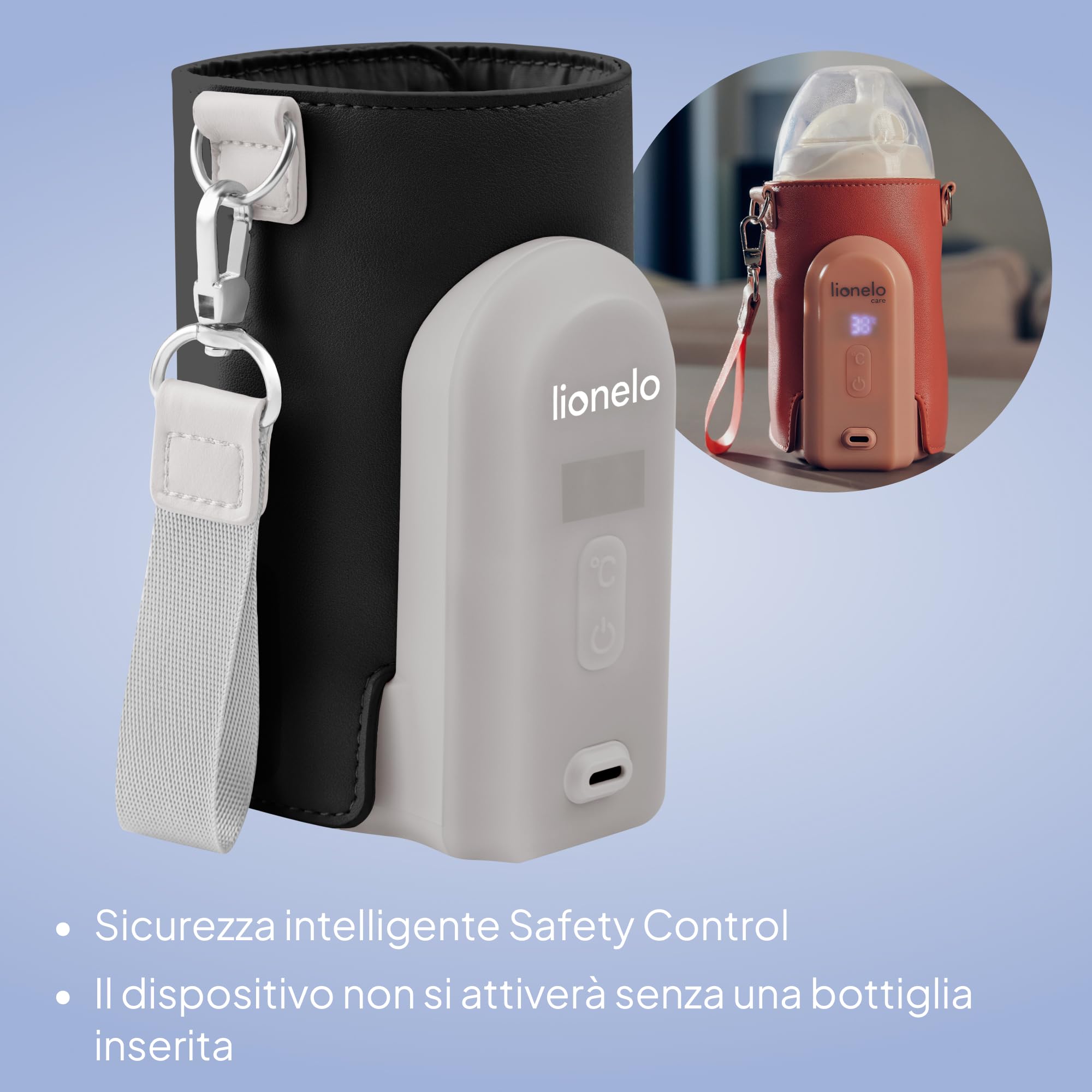 LIONELO Thermup Go Evo Scaldalatte Portatile per Biberon | Mantiene Caldi i Liquidi, 5 Temperature da 38 a 50°C, Ricarica USB-C e Autonomia fino a 9 Ore