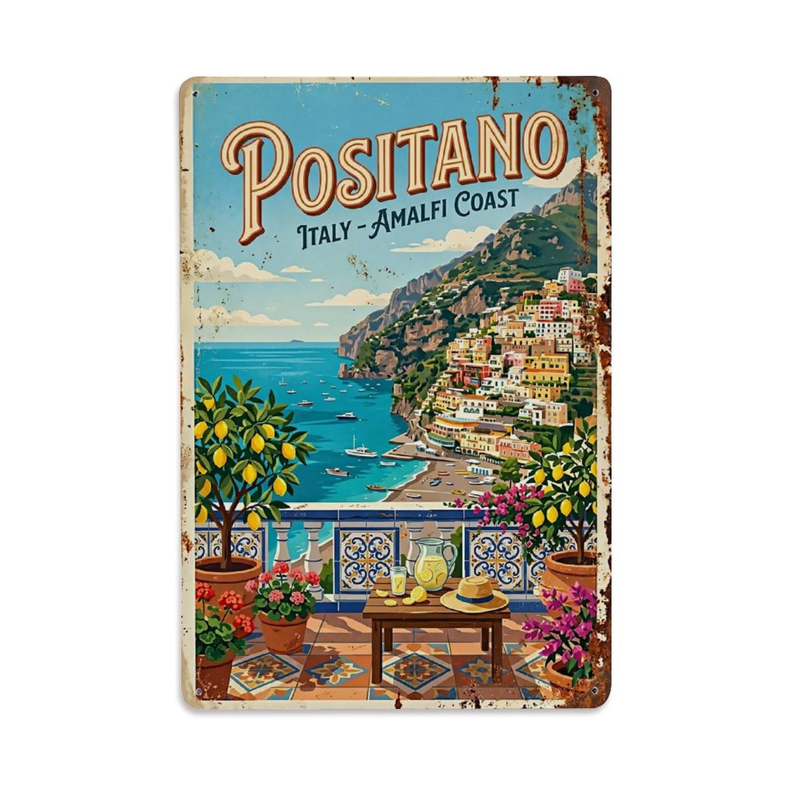 Huiyhb 8X12inch(20X30cm) Vintage Travel Positano Italy Terrace Sea View Metal Tin Sign