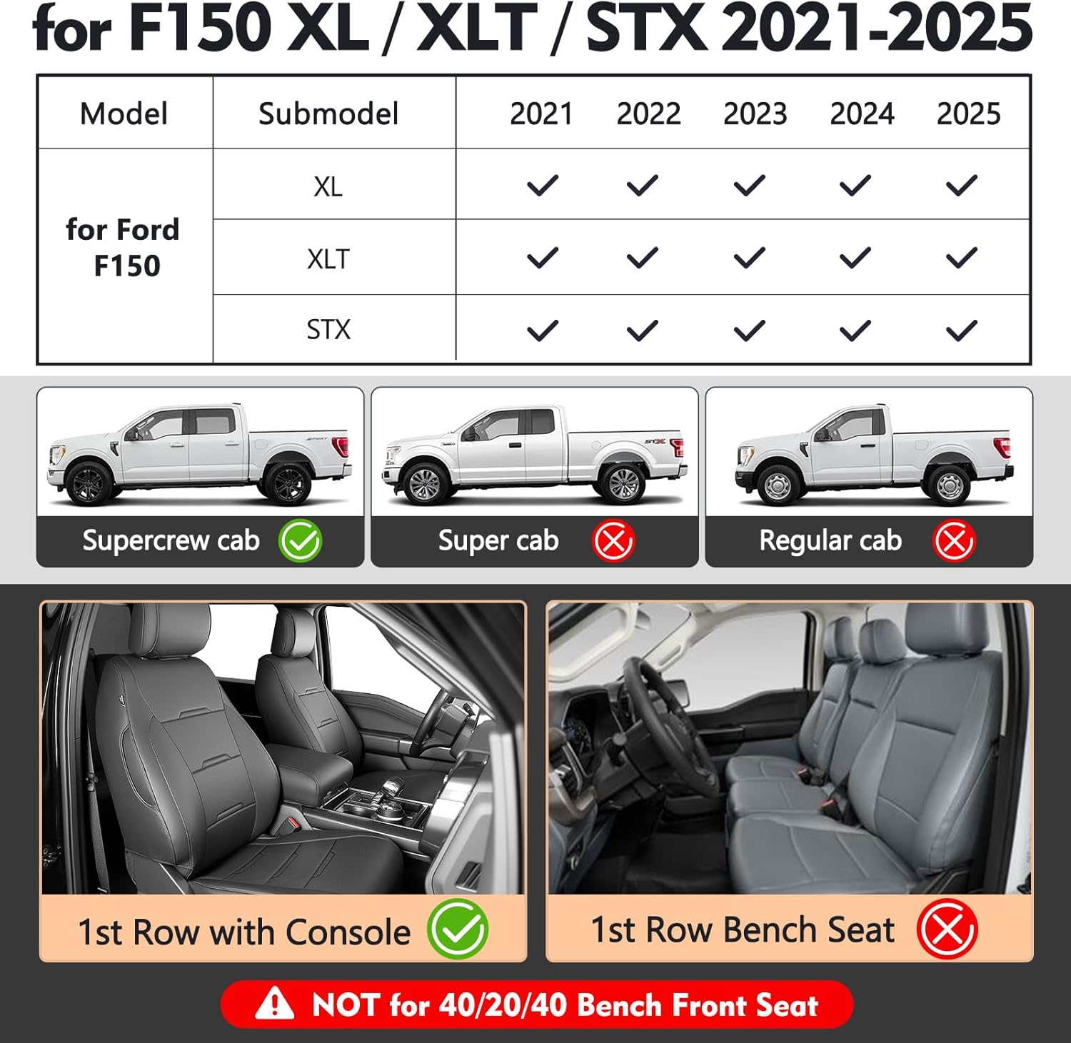 Seat Covers for F150 XL XLT STX 2021-2026 2025 2024 2023 2022 Supercrew Cab, Accessories for F150, Truck Seat Protection, Durable Easy-cleaning Leather, NOT for 40/20/40 Bench Front Seat(Jump Seat)