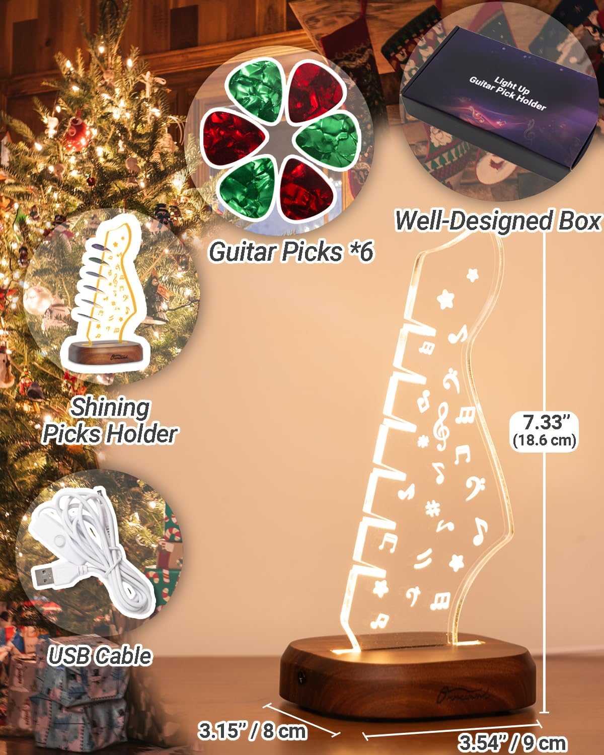 Light Up Guitar Pick Holder with 6 Guitar Picks, Acacia Wood & Acrylic Music Note Pick Holder Case for Guitar Pick Storage & Display, Guitar Music Accessories Gift for Guitar Player Music Lover
