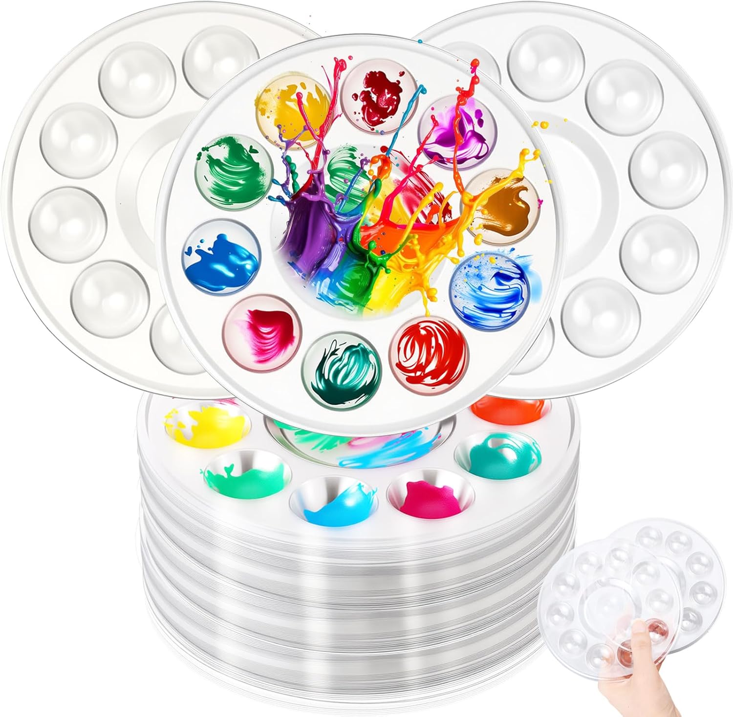 AmazingSpark 200 Pcs Paint Tray Palettes 5.5 in Clear Disposable Round Plastic Paint Palette Bulk Watercolor Craft Supplies for Art Class, DIY Craft, Painting Party, Birthday Party