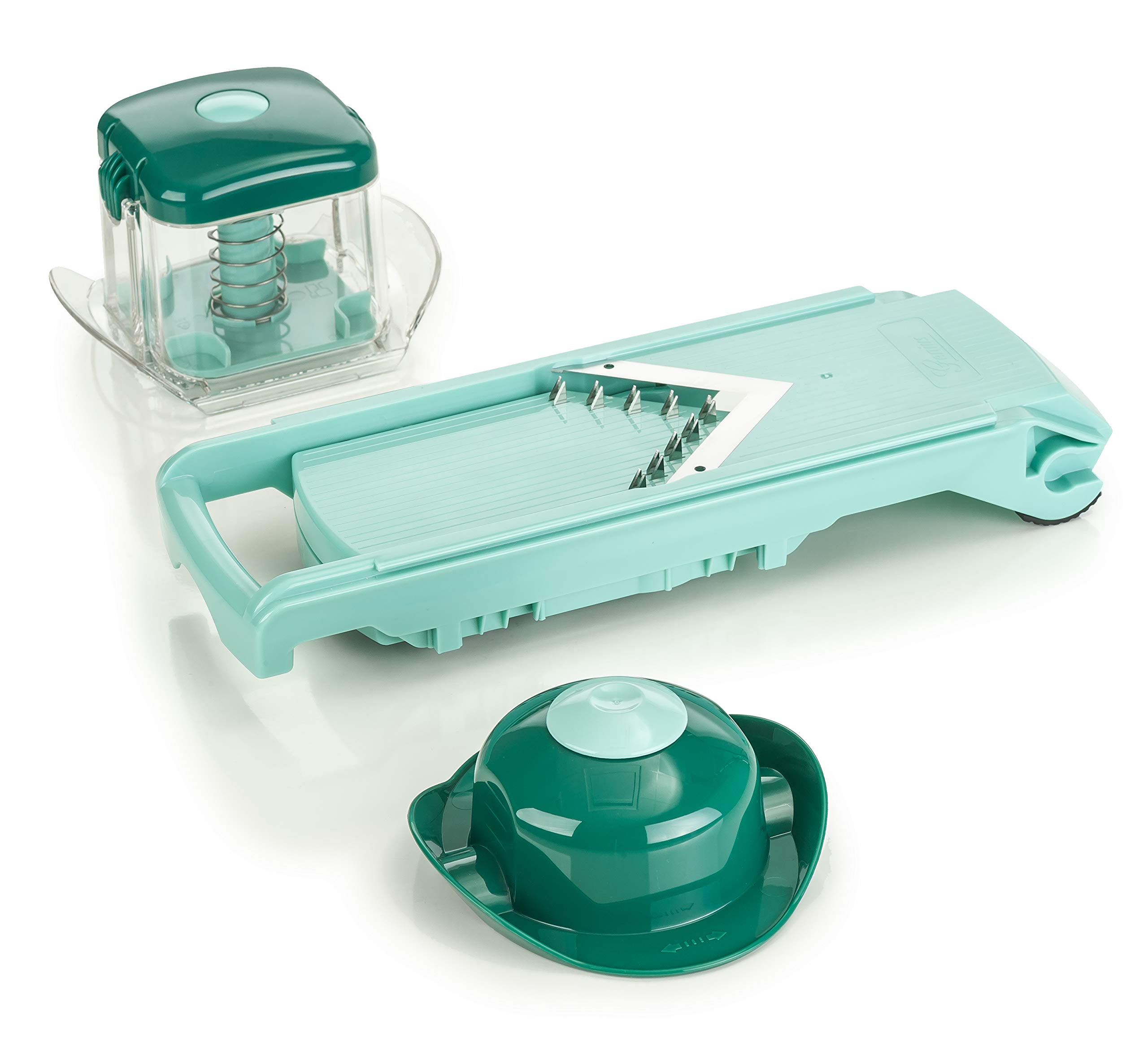 Genius Nicer Dicer Fusion Julietti | 34 Teile | Schneiden | Reiben | Julienne | Spiralen | Hobeln | Würfeln | Obst- und Gemüseschneider | Bekannt aus TV | NEU, Mintgrün