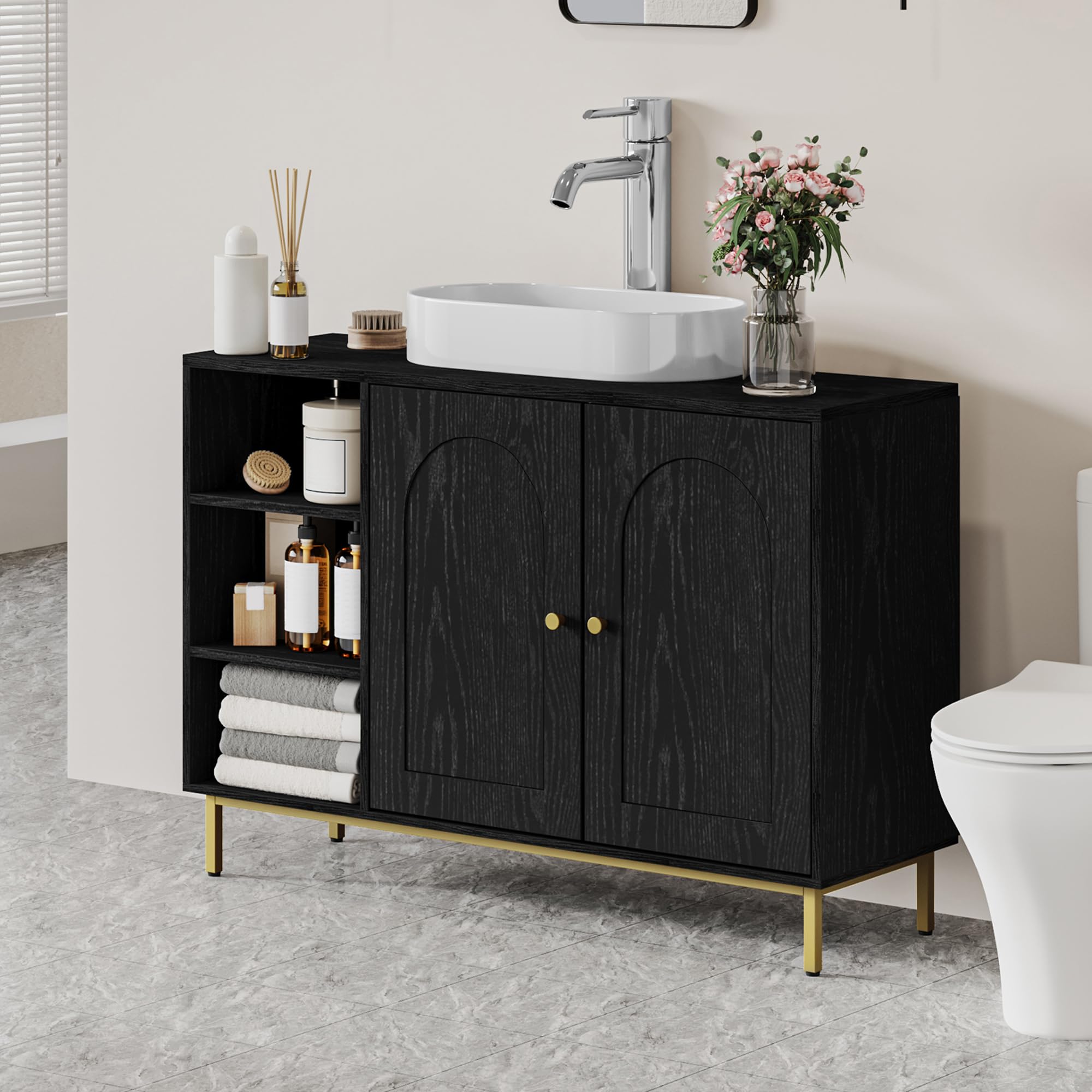 Hzuaneri Mueble Bajo Lavabo, Armario de Baño, con 2 Puertas, 2 Compartimentos, Balda Ajustable en Altura, Resistente a la Humedad, 30 x 90 x 63 cm, Negro BC09804G
