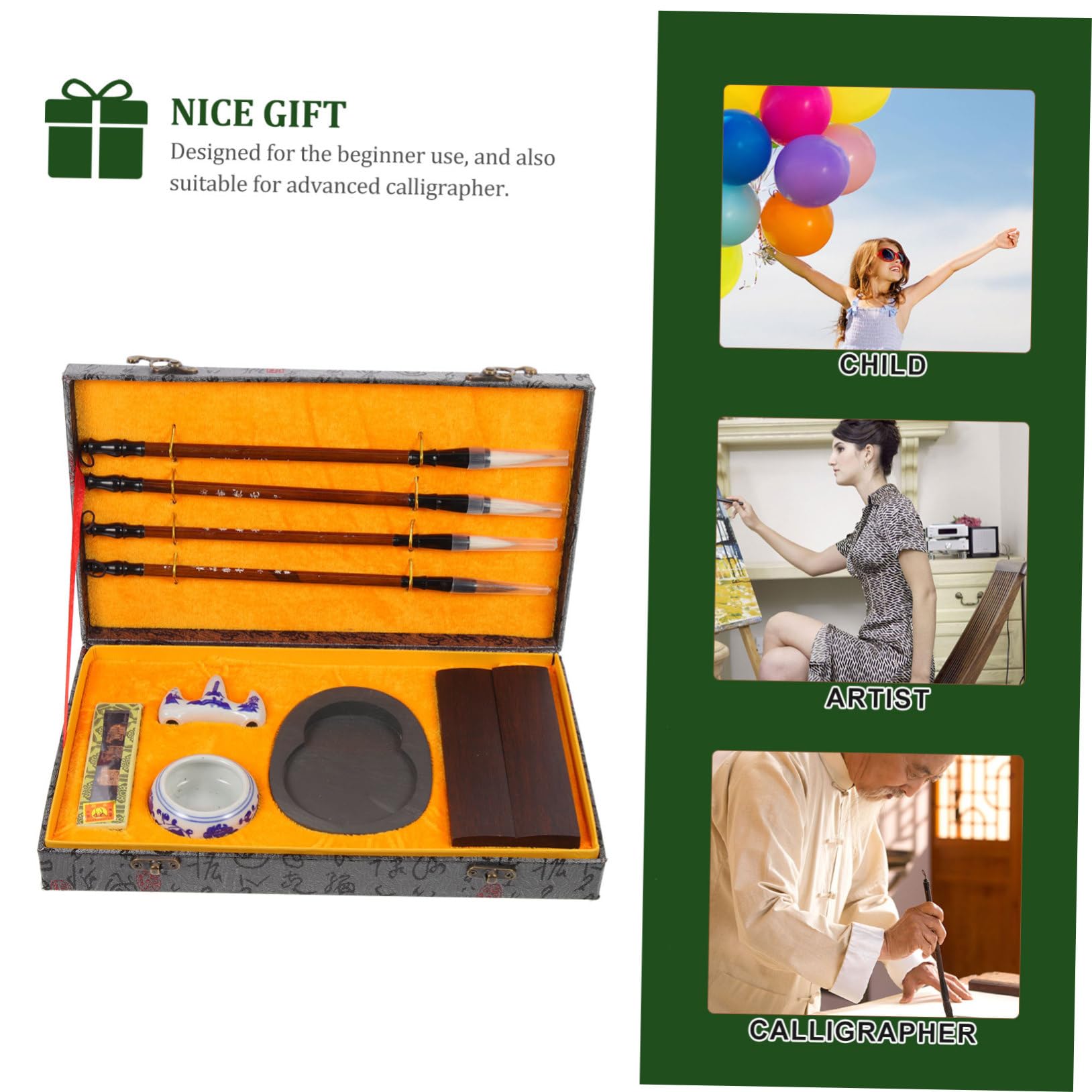 PLAFOPE Coffret de Calligraphie 1 Set Pinceaux en Bois Légers et Résistants pour Étudiants, Pierre à Encre et Bâton D'encre, Pratique Calligraphie Dessin