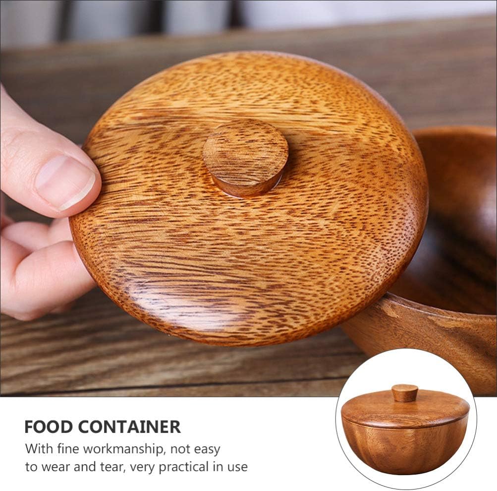 Hemoton Wooden Rice Bowl with Lid 3.14 Inch Acacia Wood Seasoning Bowl Food Container for Kids and Adults Safe Practical Kitchen Dining