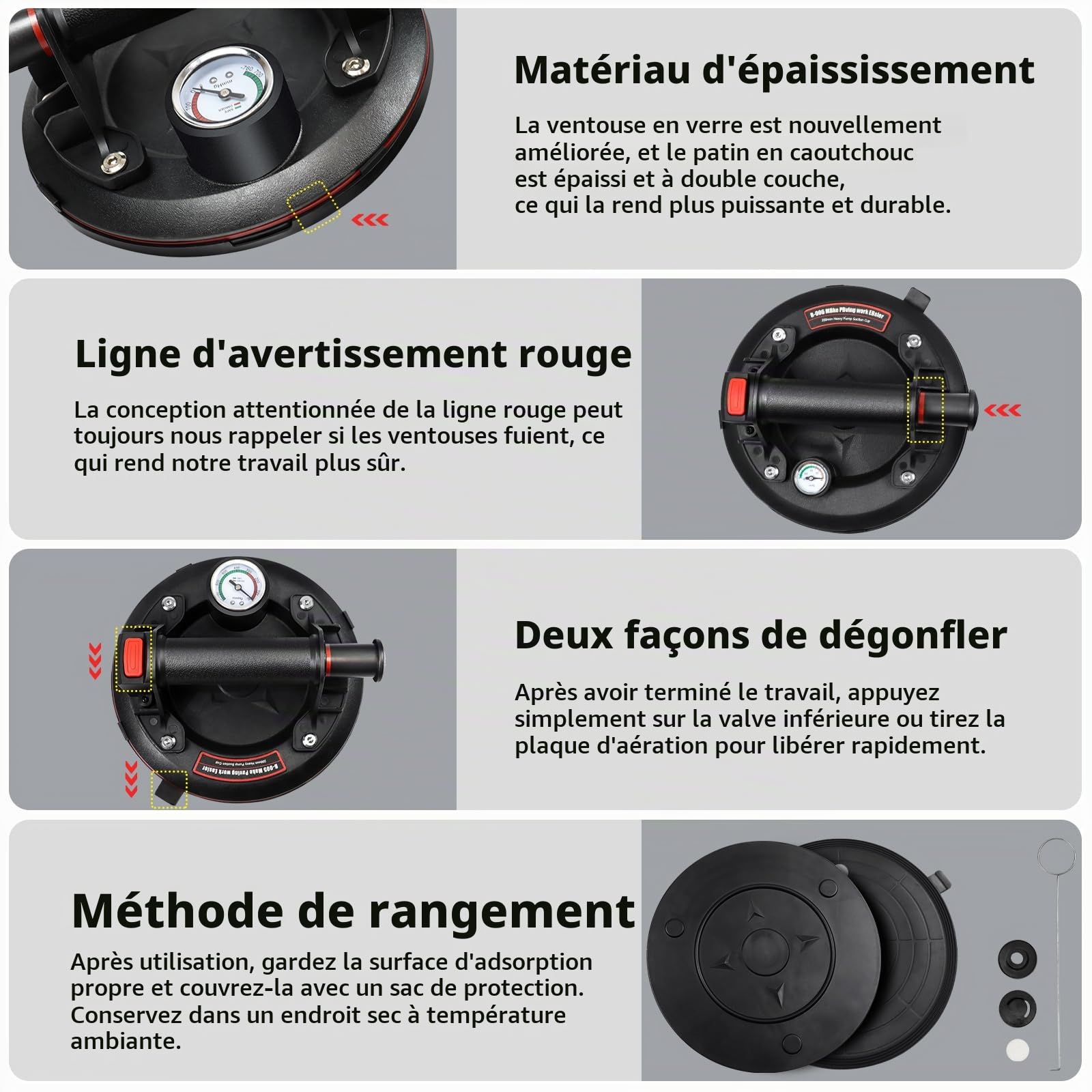 2 Pièces 8" Ventouse Carrelage, Ventouse Vitre Professionnelle avec Manomètre et Boîte à Outils Portable, Industriel à Ventouses en Verre pour Soulever de Vitre,Carrelage,Meubles, Charge 200 KG