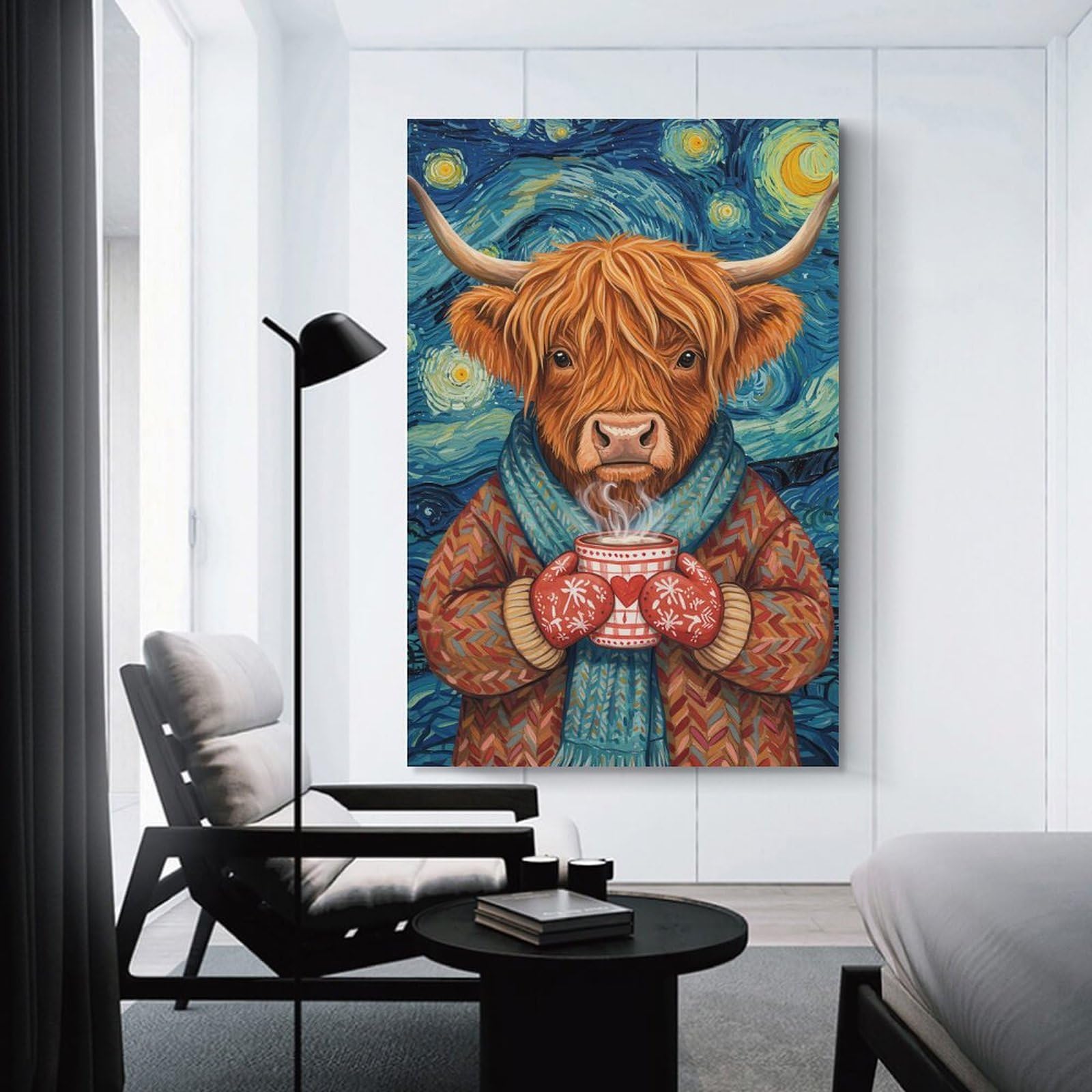 Junmoney Highland Cow in Starry Night Hanging Wall Art 24x36inch(60x90cm), for Study, Office Or Focused Interiors, Wall Art That Adds Style to Work Areas