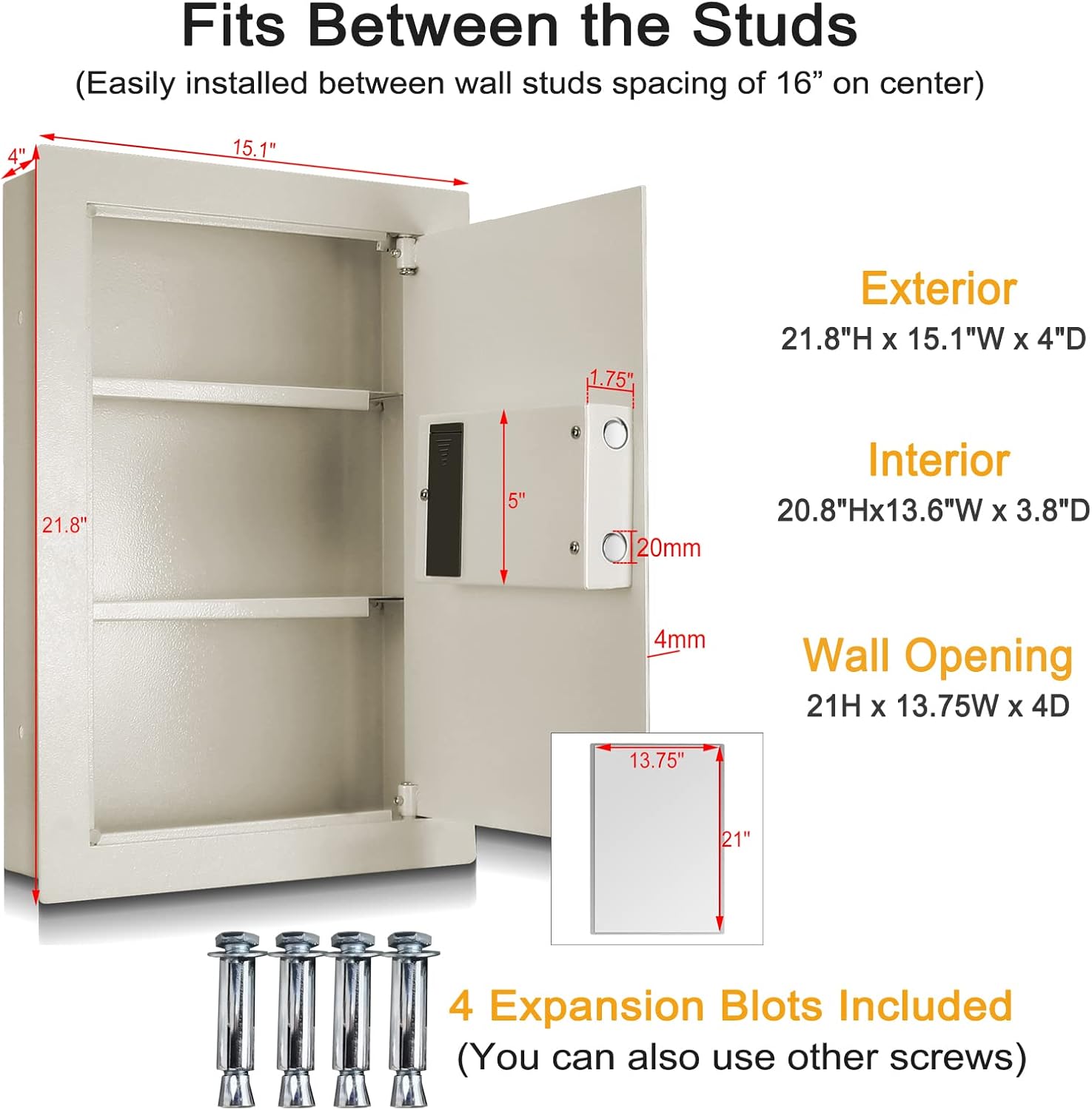 Langger Biometric Wall Safe, Hidden Fingerprint Security Wall-mounted Safe, In Wall Safe Between Studs, Size Upgrade (White-Small Size)