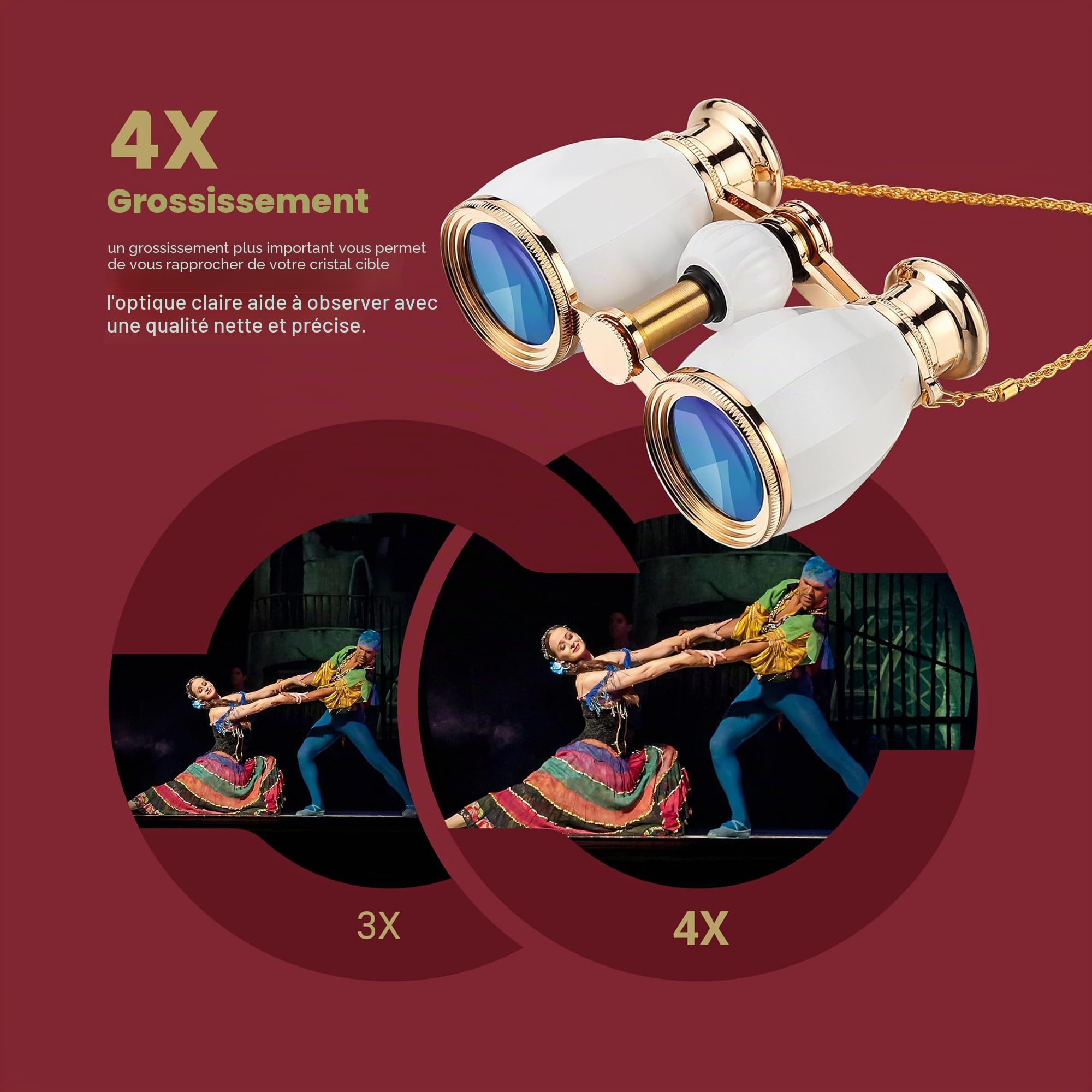 ESSLNB Jumelles de théâtre 4 x 30 avec chaîne et étui en verre optique pour femme - Pour théâtre, concert, cadeau pour femme (blanc)