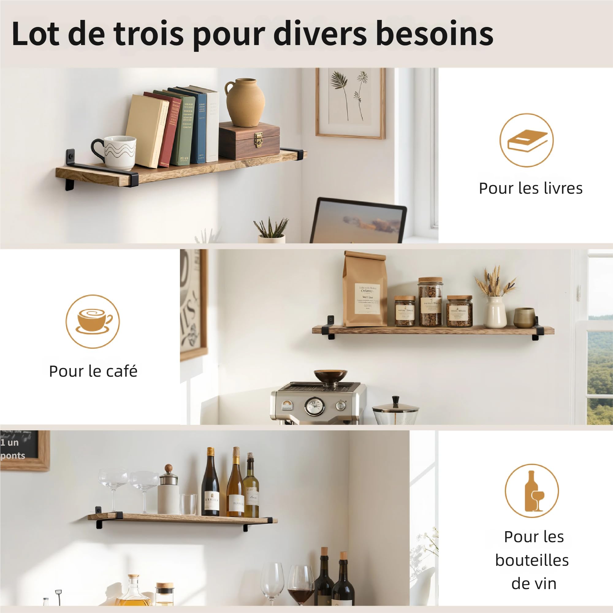 Gronda Étagère Murale Lot de 3 étagères flottantes étagère Murale Bois idéal pour Les salles de Bains, Les Salons, Les Chambres et Les Cuisines Industrielle 60cm