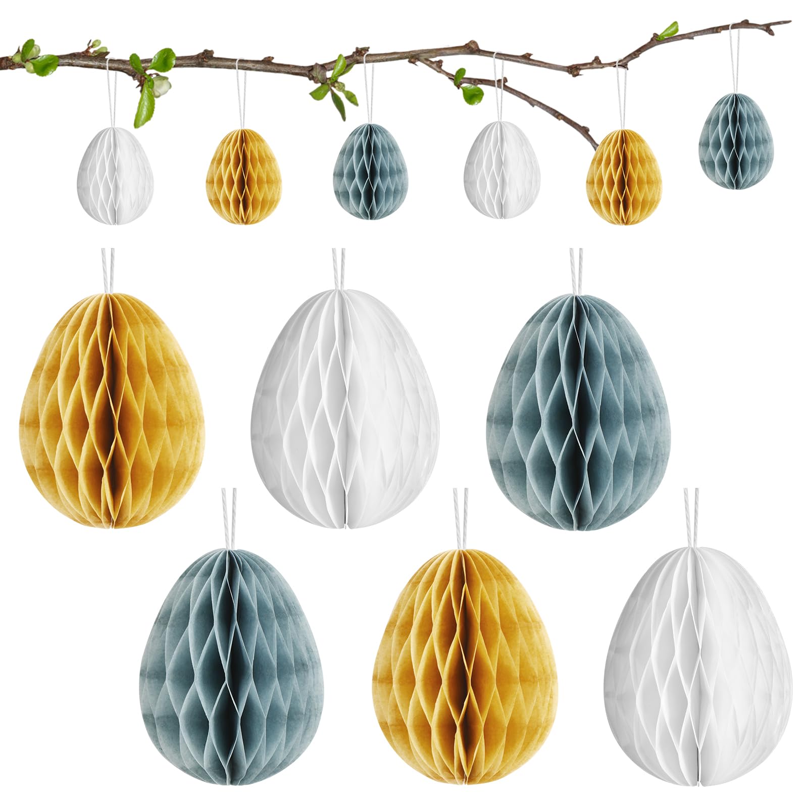 JULMELON 12 Stück Ostereier Deko zum Aufhängen, Ostereier Papier Waben für Frühling 3D Osterdeko Hängend Weiß Braun Grau für Frühling Sträucher Innen und Draußen Deko (7x5cm)