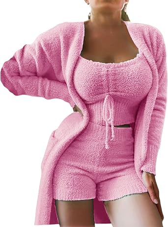 Womens Sexy Fuzzy Warm Sherpa Fleece 3 Piece Outfit Fleece Coat Crop Top Shorts Cozy Pajamas Set Loungewear Clothes