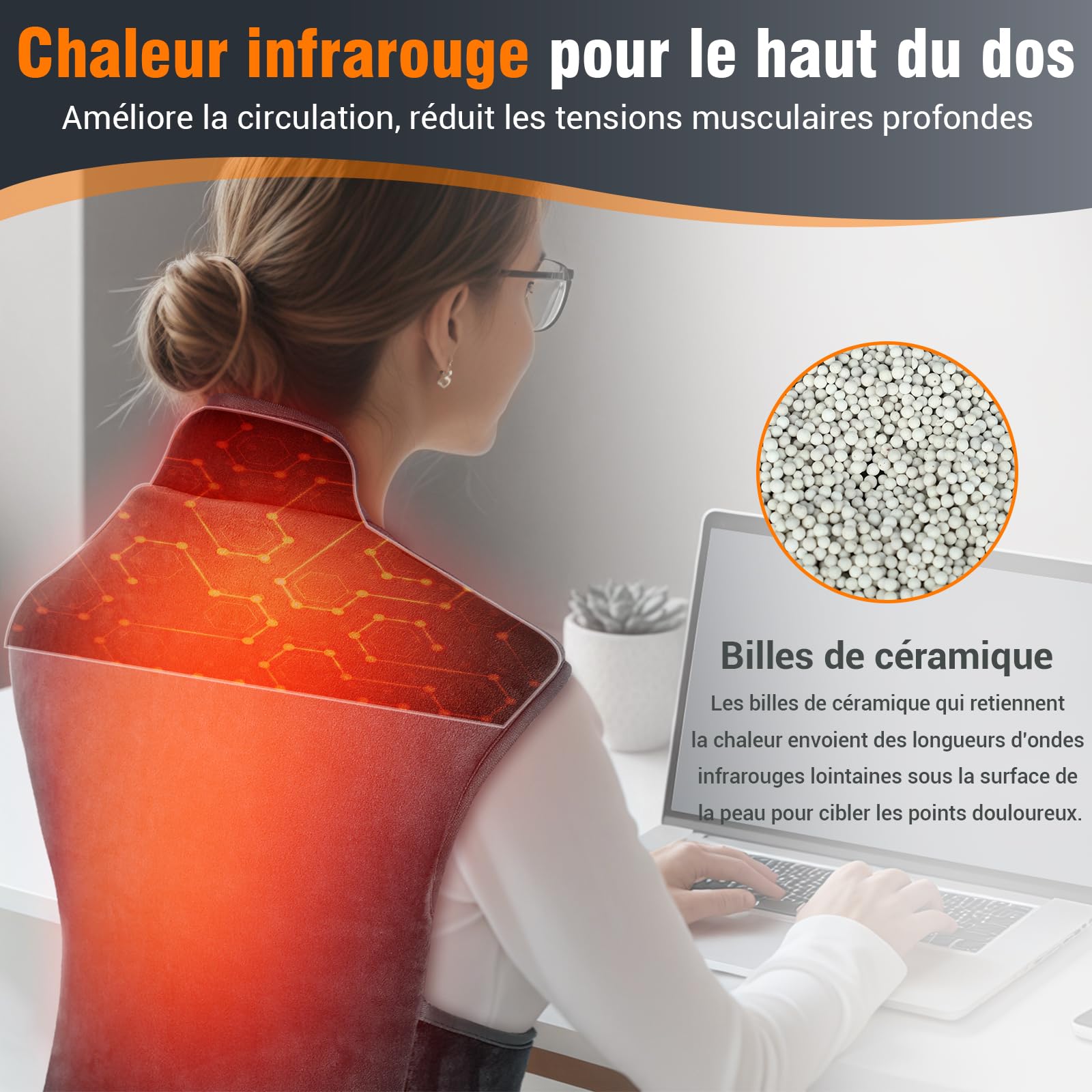 Comfytemp Infrarouge Lointaine Coussin Chauffant pour le Cou, le Epaules, le Haut du Dos, 2.5lb Couverture Chauffante 57x50cm, Chauffage Rapide avec 6 Niveaux de Chaleur et Arrêt Automatique, Lavable