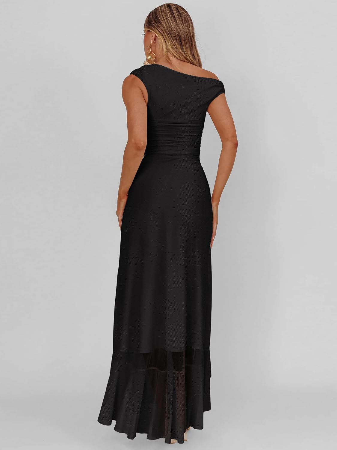 Caracilia Womens Summer Off Shoulder Formal Dress Floral Mesh Bodycon Ruched Split Cocktail Wedding Guest Party Maxi Dresses