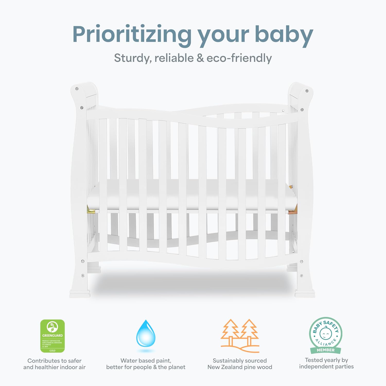 Dream On Me Violet 4-in-1 Convertible Mini Baby Crib in White, Pinewood, 1” Mattress Pad, 3 Mattress Heights, Converts to Mini Day Bed & Twin-Size Bed, GreenGuard Gold & BSA Certified