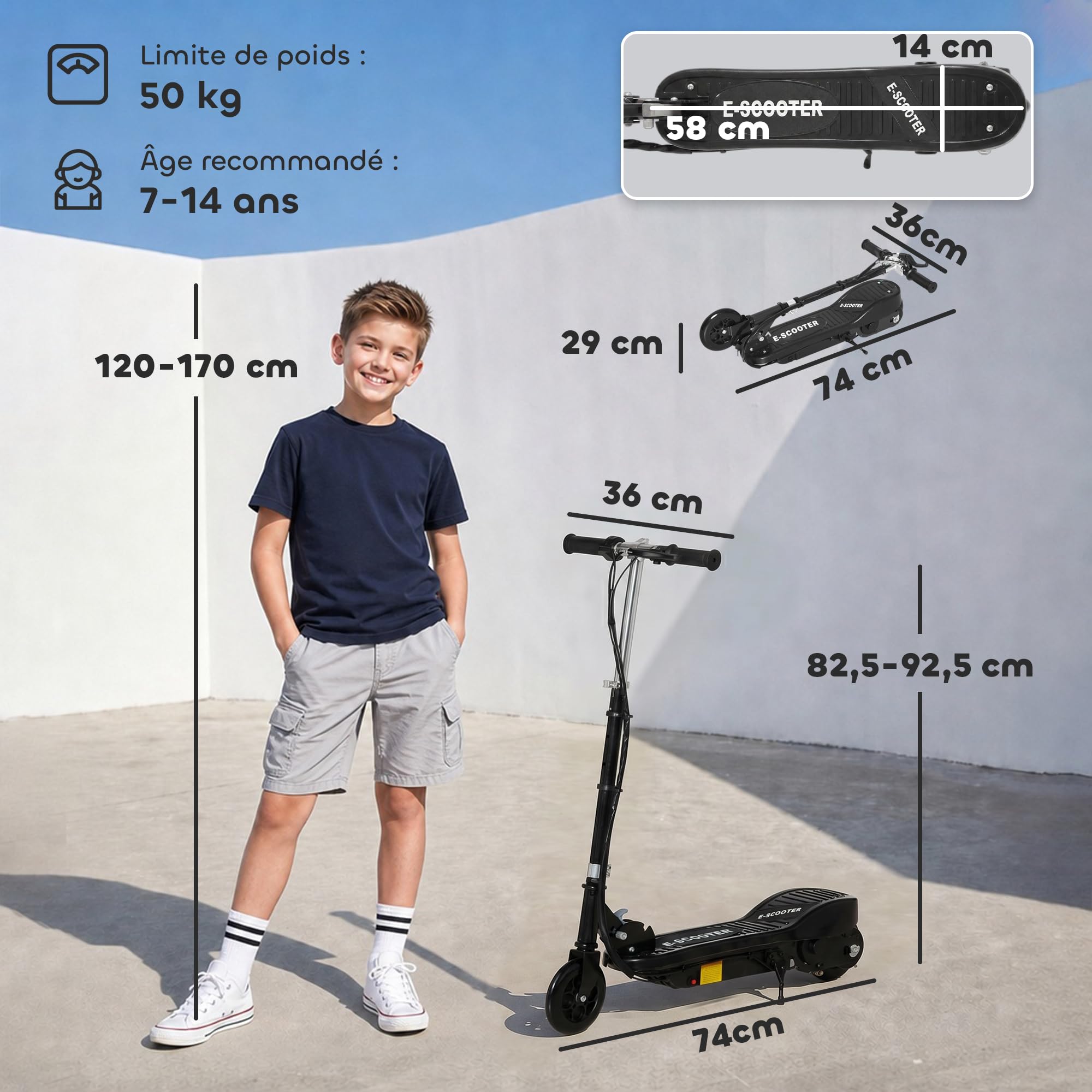 HOMCOM Trottinette électrique pour Enfants 7-14 Ans Pliable Noir | Hauteur Réglable, Batterie Rechargeable 24V, Vitesse Jusqu'à 12 km/h, Charge de Freinage 50 kg, 74x36x69-91 cm