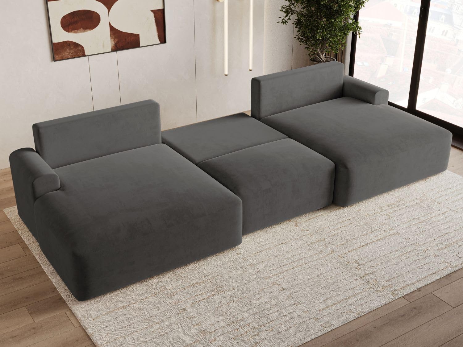 GRAINGOLD Serene U Ecksofa mit Schlaffunktion & Bettkasten 391x145 cm, U-Form Sofa mit Stauraum, Schlafcouch für Wohnzimmer, Velvet-Stoff, 5-Sitzer Wohnlandschaft, Modernes Design (Dunkelgrau)