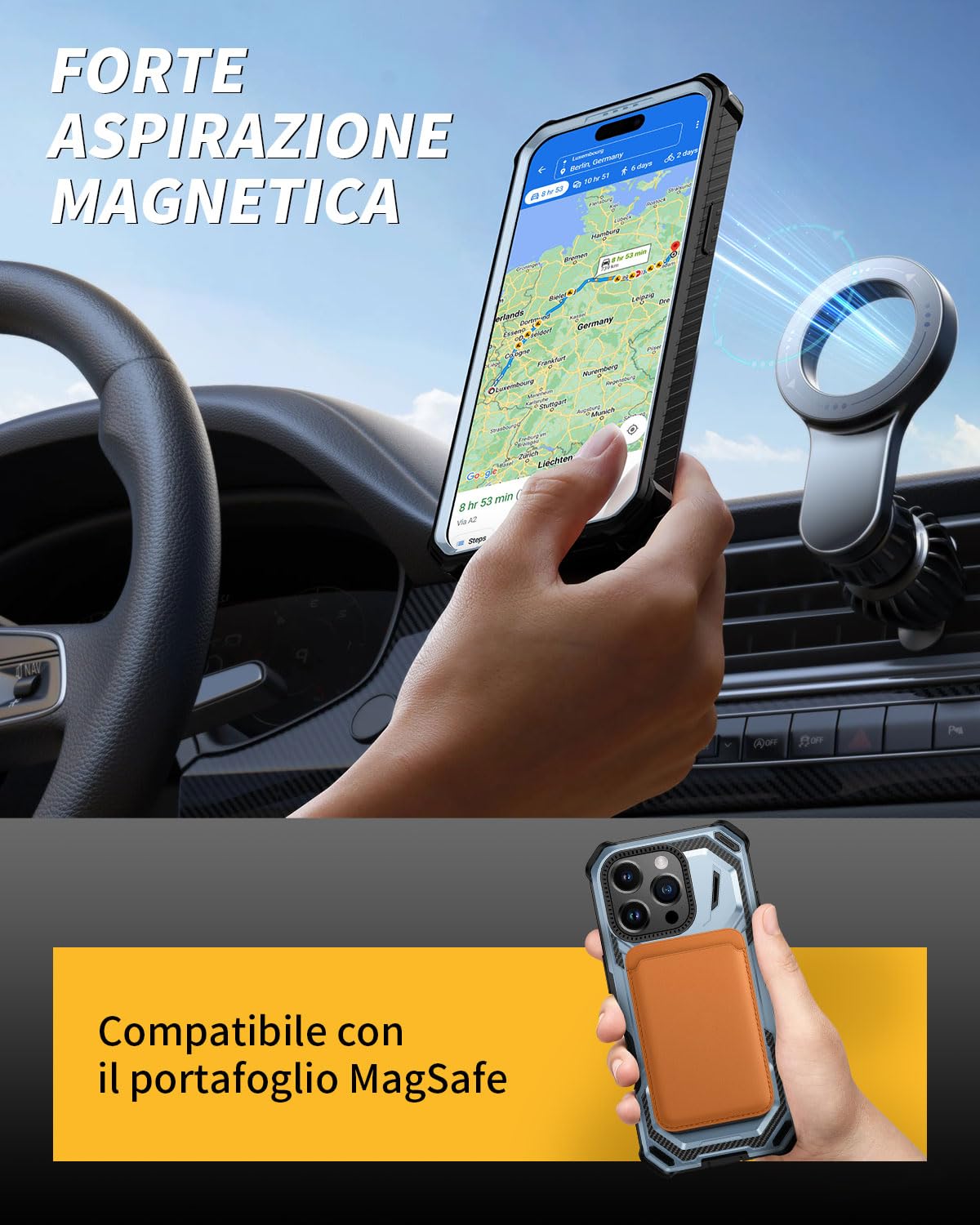 Lanhiem Cover per iPhone 16 Pro Max con 2 Pezzi Vetro Temperato, 14FT Antiurto Anticaduta Militare,Supporto Magnetico Anello a 360° Protezione Armor Protezione, Custodia per iPhone 16 Pro Max, Blu