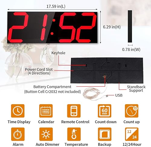 Miniatura 3 de Goetland Reloj de pared digital de gran tamaño de 18 pulgadas LED moderno pantalla grande temperatura multifuncional control remoto 4 dígitos para