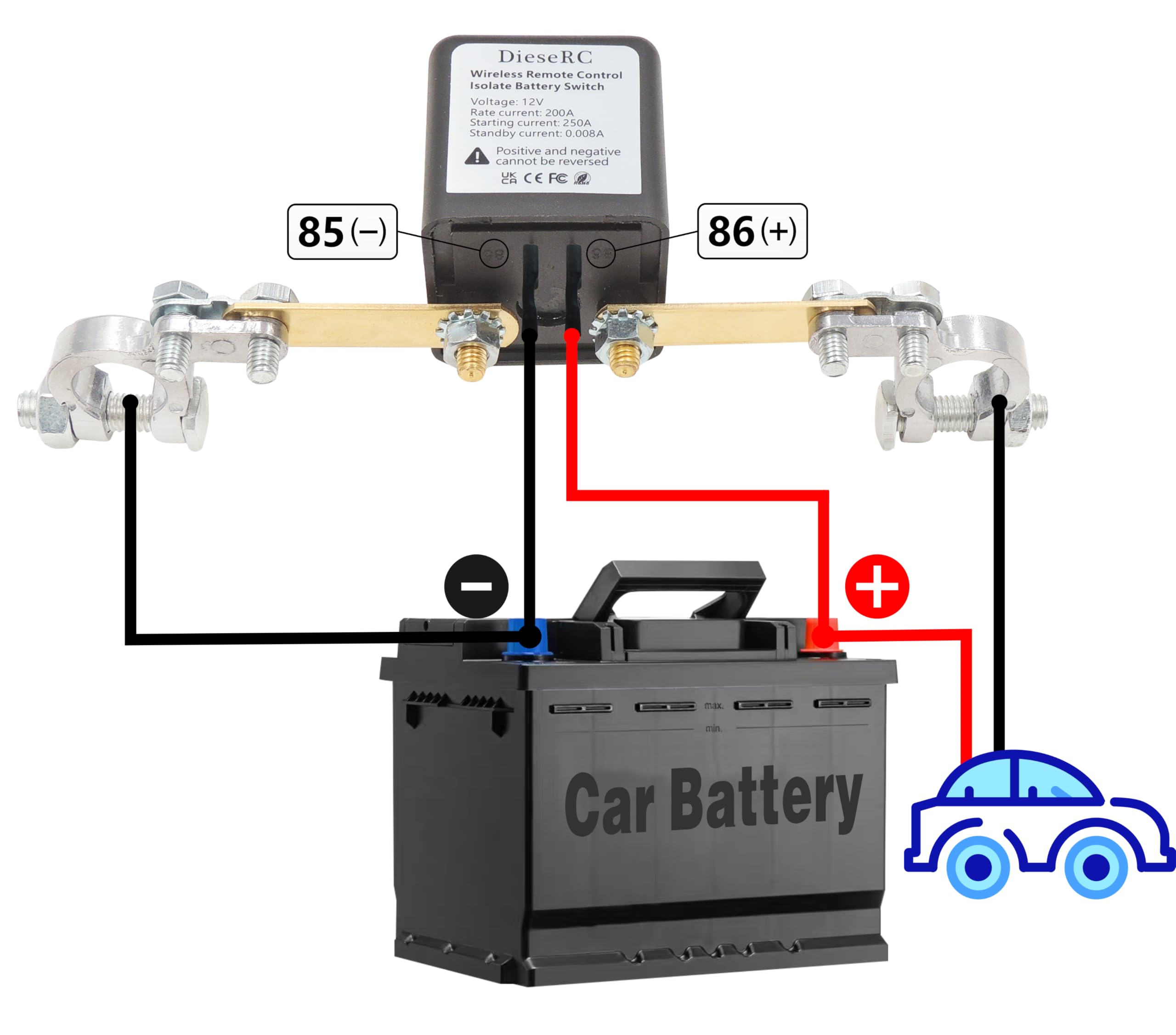 DieseRC Interruttore di Disconnessione Della Batteria del Telecomando Senza fili, Ricevitore Relè DC 12V 200A Isolatore Batteria per auto con 2 Trasmettitori, Interruttore Antifurto per Evitare