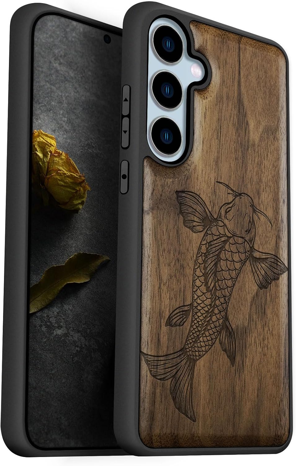 Carveit Wood Case for Galaxy S24 FE Case [Natural Wood & Black Soft TPU] Shockproof Protective Cover Unique Wooden Design Compatible with S24 FE (Majestic Koi Serenity-Walnut)