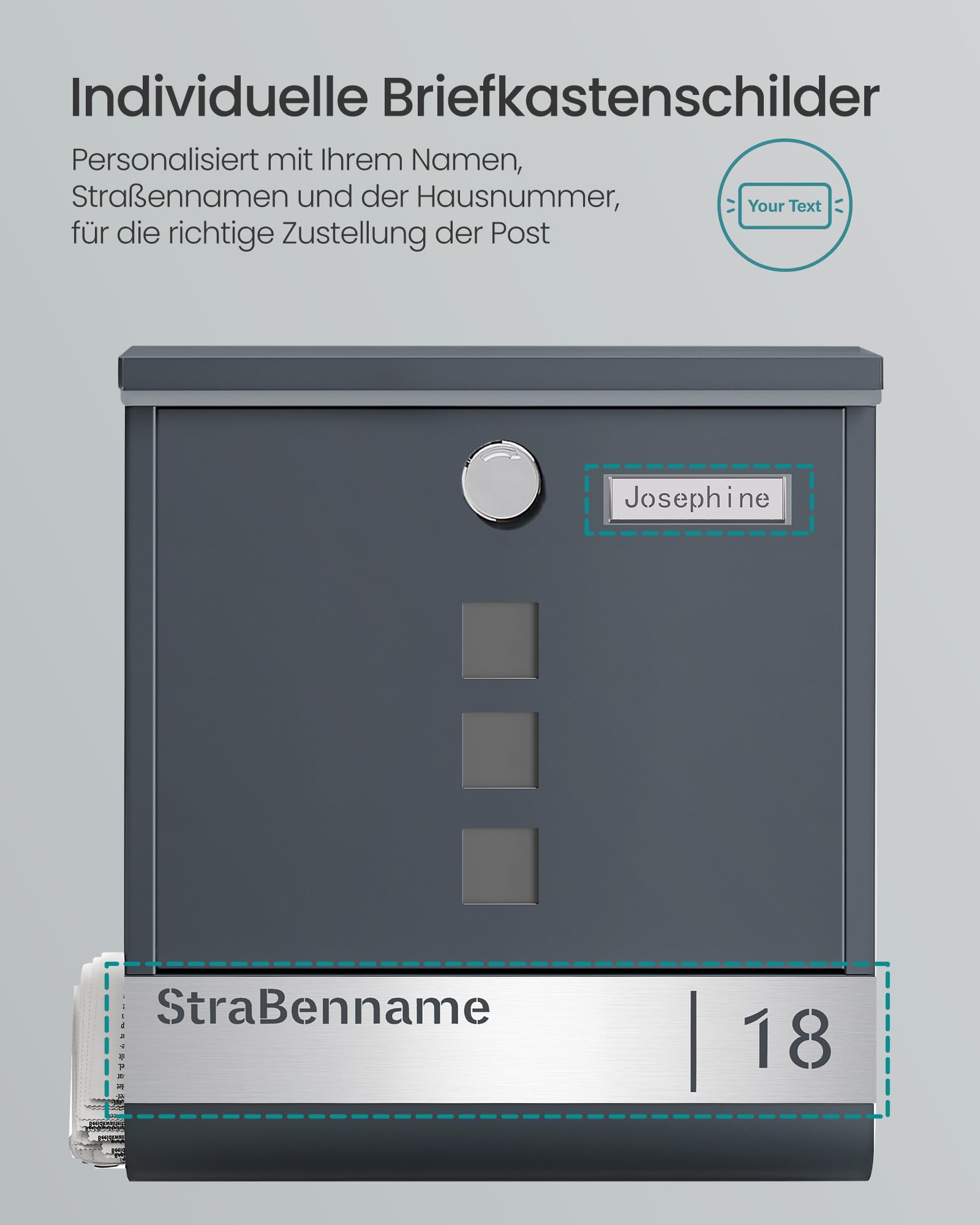 SONGMICS Briefkasten personalisiert, mit Namensschild, Hausnummernschild, Postkasten, Zeitungsfach, Sichtfenster, Schloss, modern, 10 x 30,8 x 33,8 cm, anthrazit GMB082G01