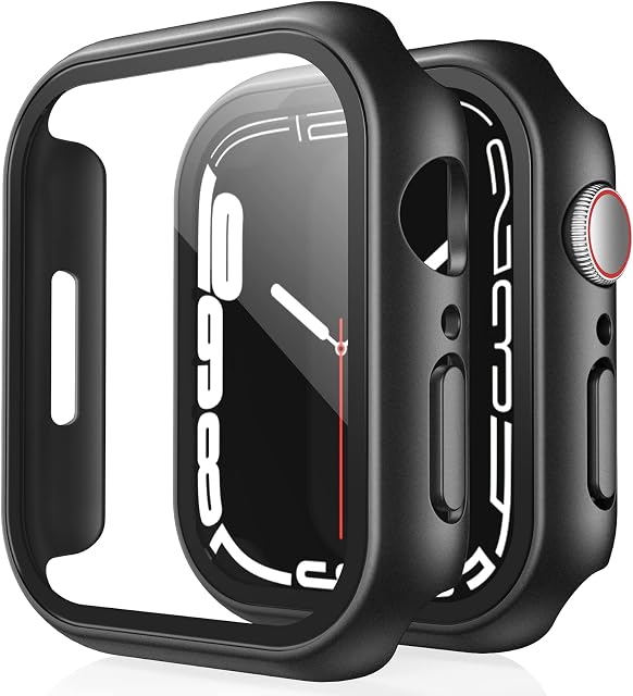 TAURI 2 Pack Hard Case Compatible for Apple Watch Series 7/8 45mm Built in 9H Tempered Glass Screen Protector, [Touch Sensitive] [HD Clear] Slim Bumper [Full Protection] Cover for iWatch 45mm - Black