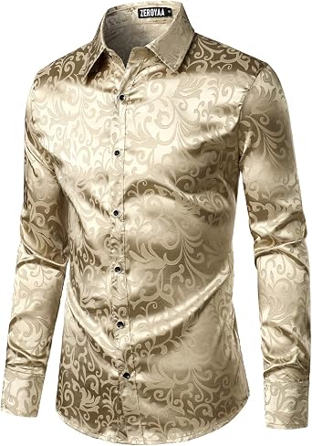 ZEROYAA Mens Luxury Jacquard Long Sleeve Dress Shirt Shiny Satin Slik Like Wedding Party Prom Shirts