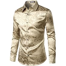 ZEROYAA Mens Luxury Jacquard Long Sleeve Dress Shirt Shiny Satin Slik Like Wedding Party Prom Shirts