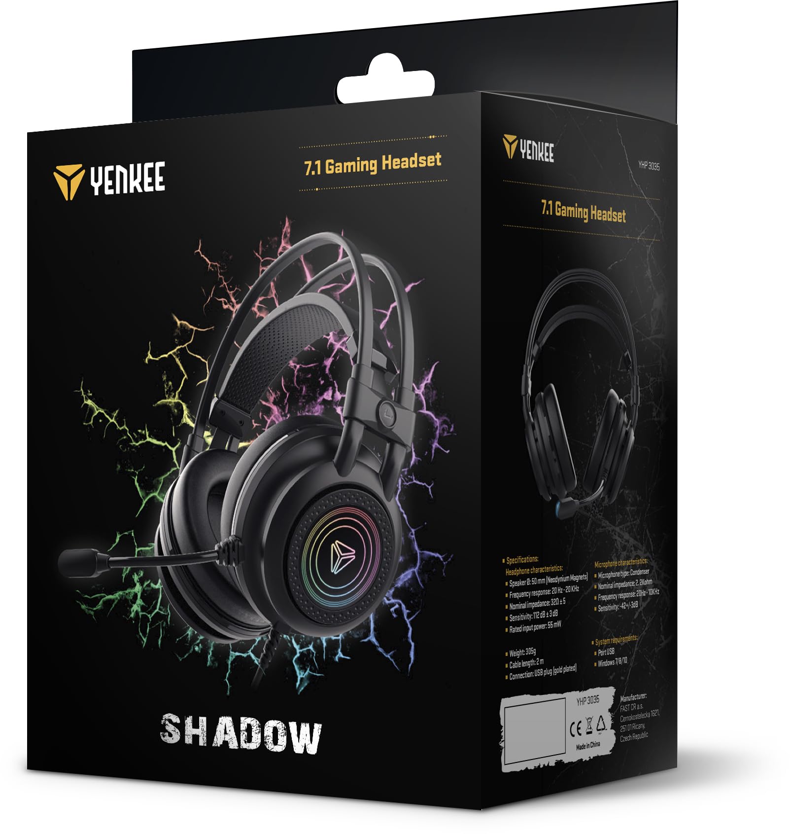 Yenkee Auriculares Gaming USB con Sonido Envolvente 7.1, Micrófono, Iluminación LED, 2,4 m