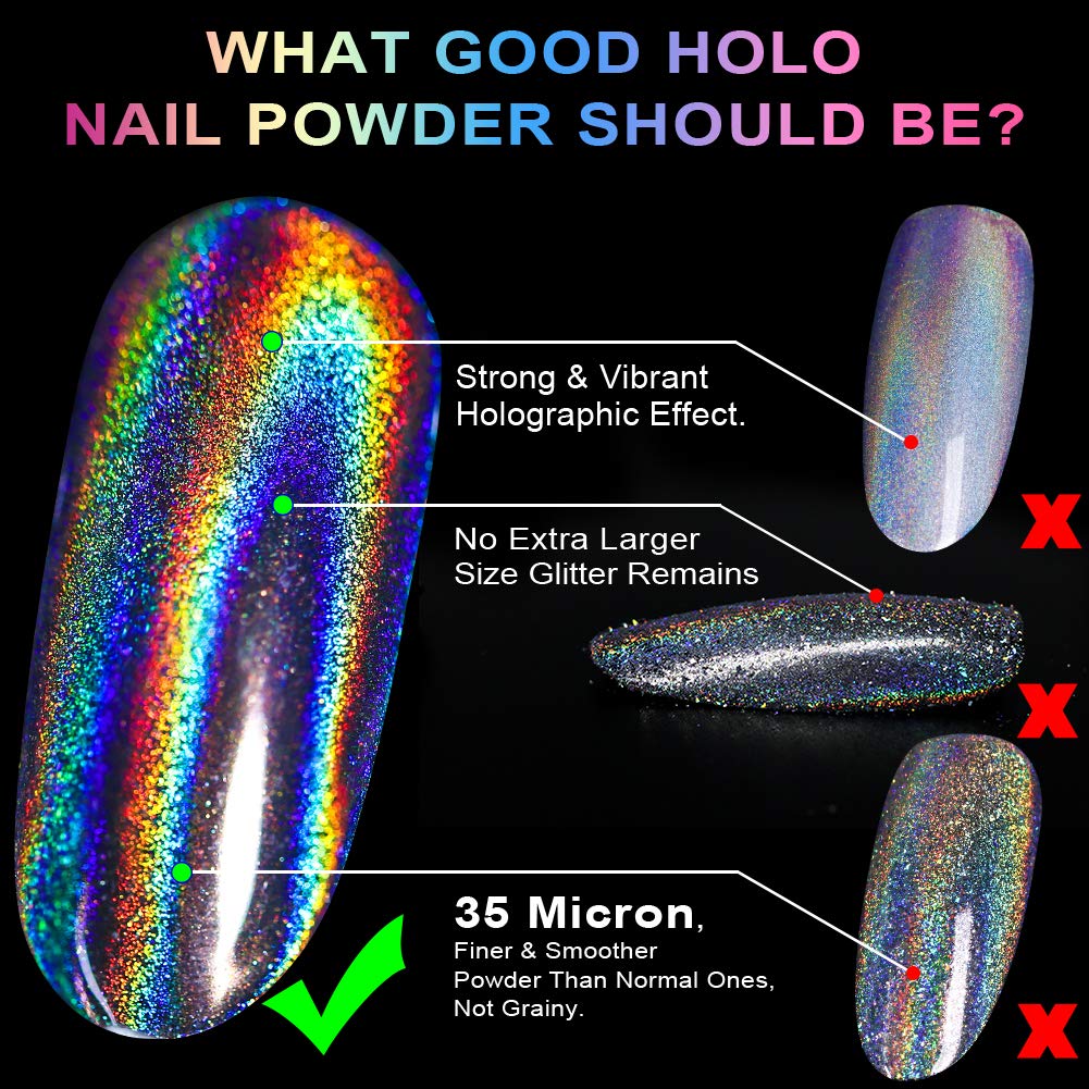 Holographic Nail Powder Holo Powder for Nails Chrome Nail Powder Rainbow Unicorn Mirror Effect Glitter Dust Multi Manicure Pigment Nail Art DIY Deco with Sponge Tool/3pcs, 0.04oz/1g : Beauty & Personal Care