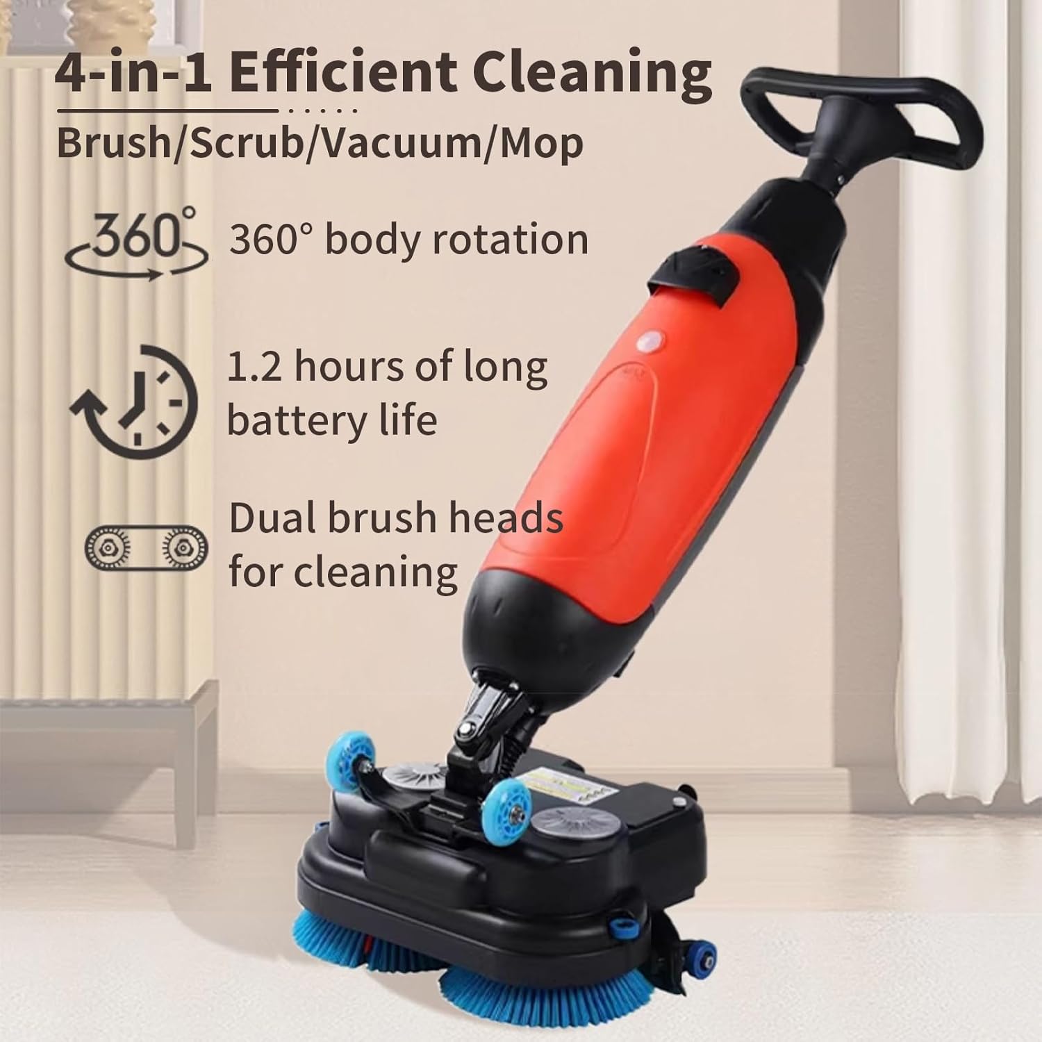 Generic Commercial Floor Scrubber highlighting 4-in-1 cleaning, 360-degree rotation, and long battery life.