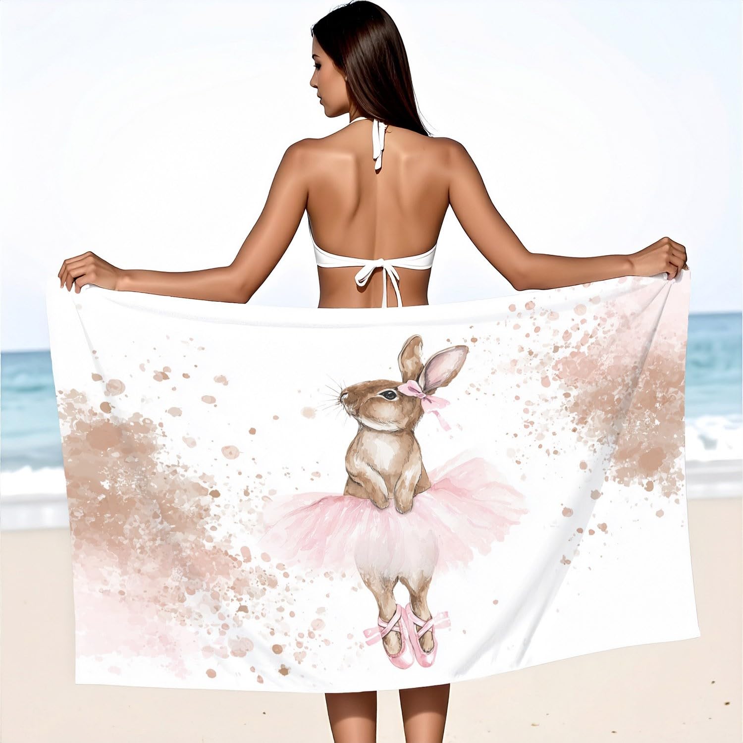 Grande Serviette de Plage 180 x 100 CM,Drap de Plage Microfibre,Couverture de Plage Absorbante Rapide pour Élégant, Onirique, Fantaisiste, Aquarelle Lapin Brun aux Oreilles Roses, Tutu de Ballet