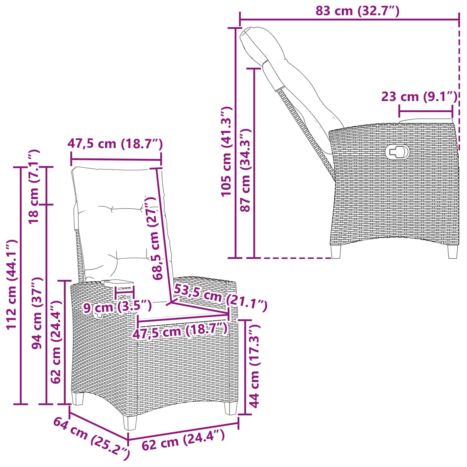 Fotel ogrodowy z regulowanym oparciem i tacą na napoje 62x64x112 cm, polirattanowy fotel wypoczynkowy z poduszką, rozkładany mebel tarasowy odporny na warunki atmosferyczne, idealny do i na balkon
