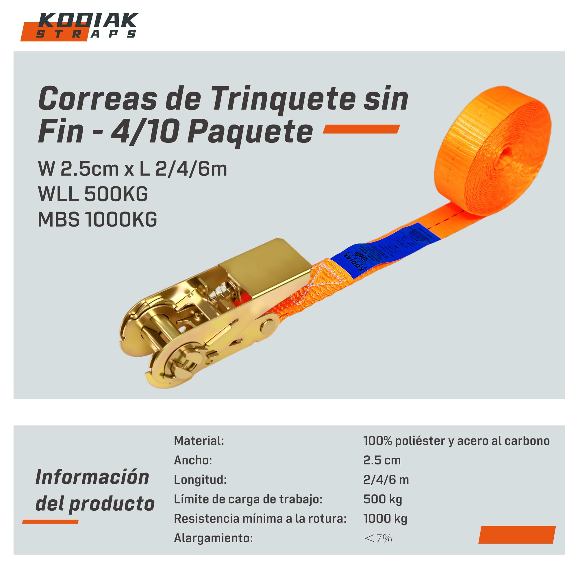 10 Correas Trinquete 4m 25mm 1000kg TÜV/GS para Equipaje Transporte