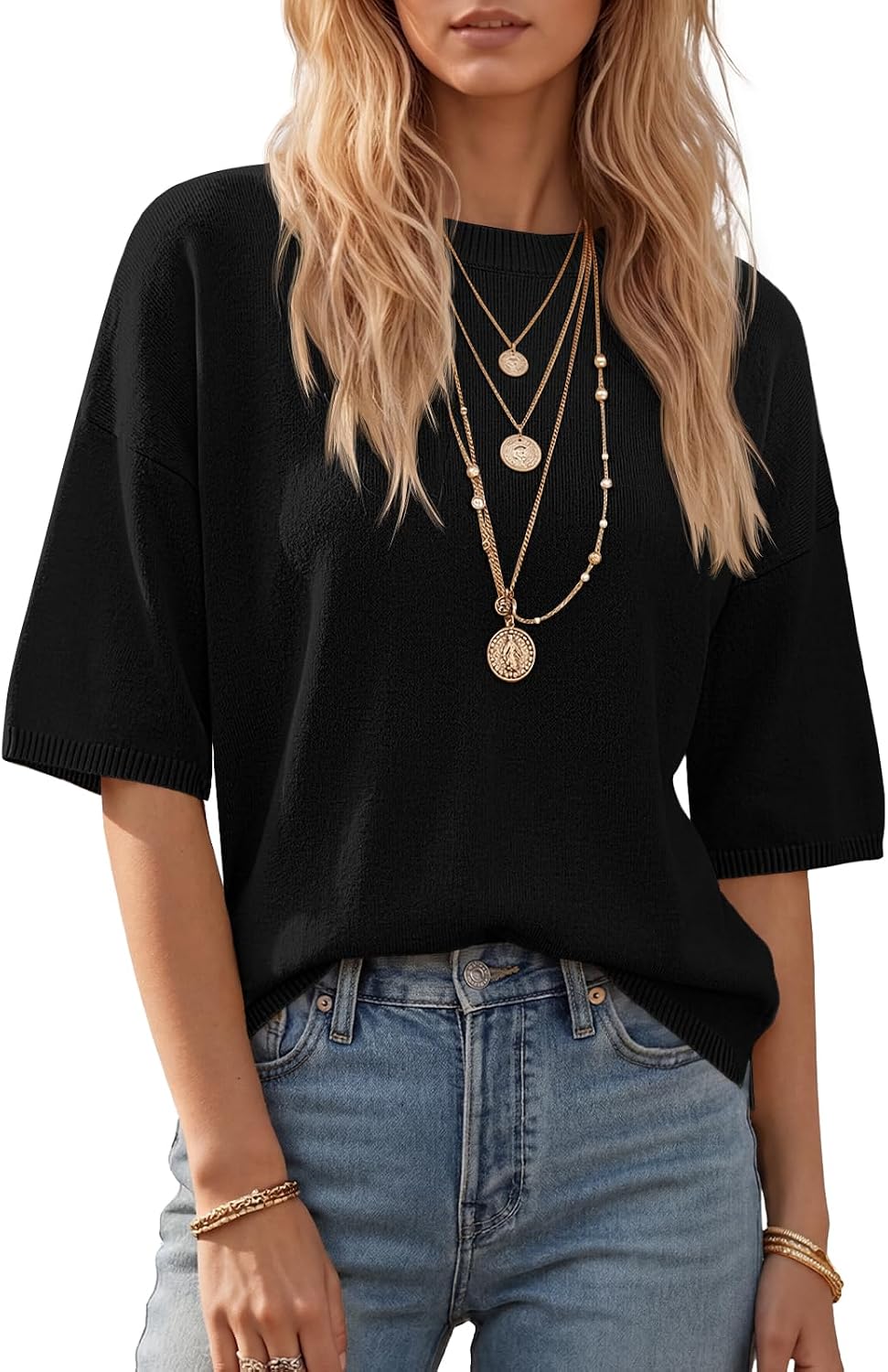 Short Sleeve Sweaters for Women Summer Lightweight Knit Trendy Pullover Sweater Casual Oversized Crewneck Tops