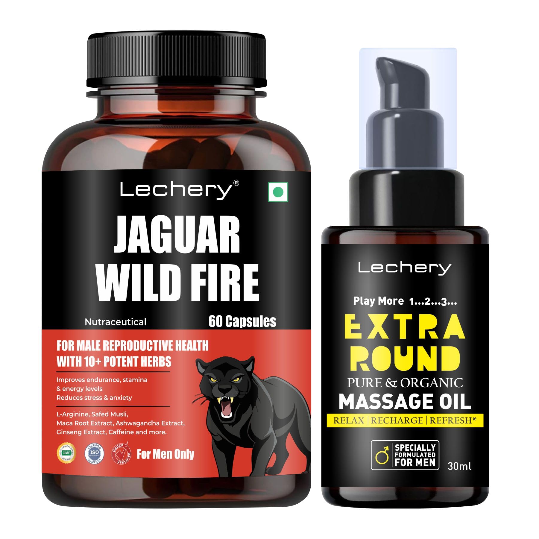 Lechery Nature Extra Round Massage Oil - 100% Pure & Natural Premium Carrier Oil And Wild Jaguar Fire 60 Capsule For Body, Massage Oil & Body Oil For Sooting Massagers, Strength, Muscle Relaxation & Active Lifestyle