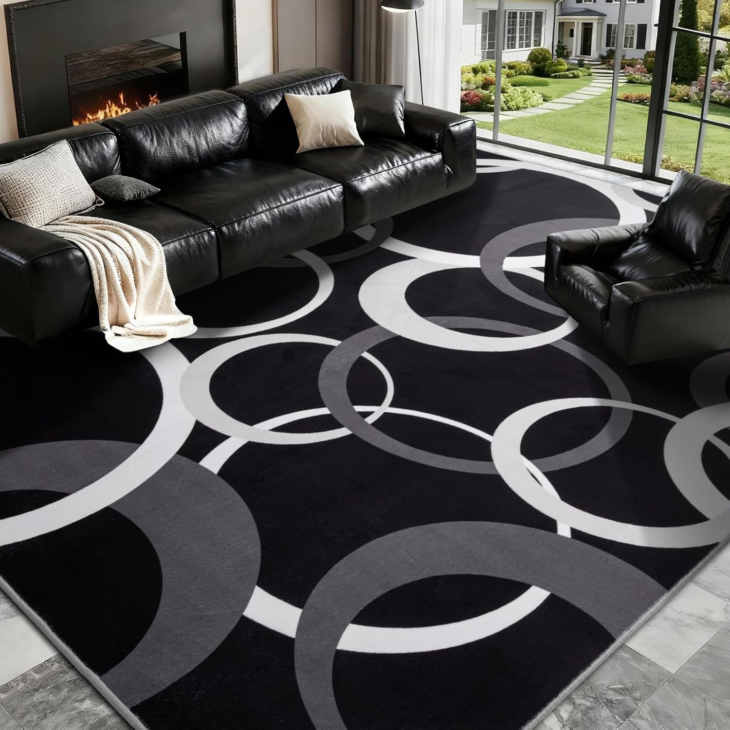 YIHOUSE 8x10 Ft Area Rugs, Concentric Circle Carpet Washable Rug, Black and White Geometric Design Rug for Grand Rooms, Master Bedrooms, Dining Room, Nursery, Home Office Decor, Nonslip Non-Shedding