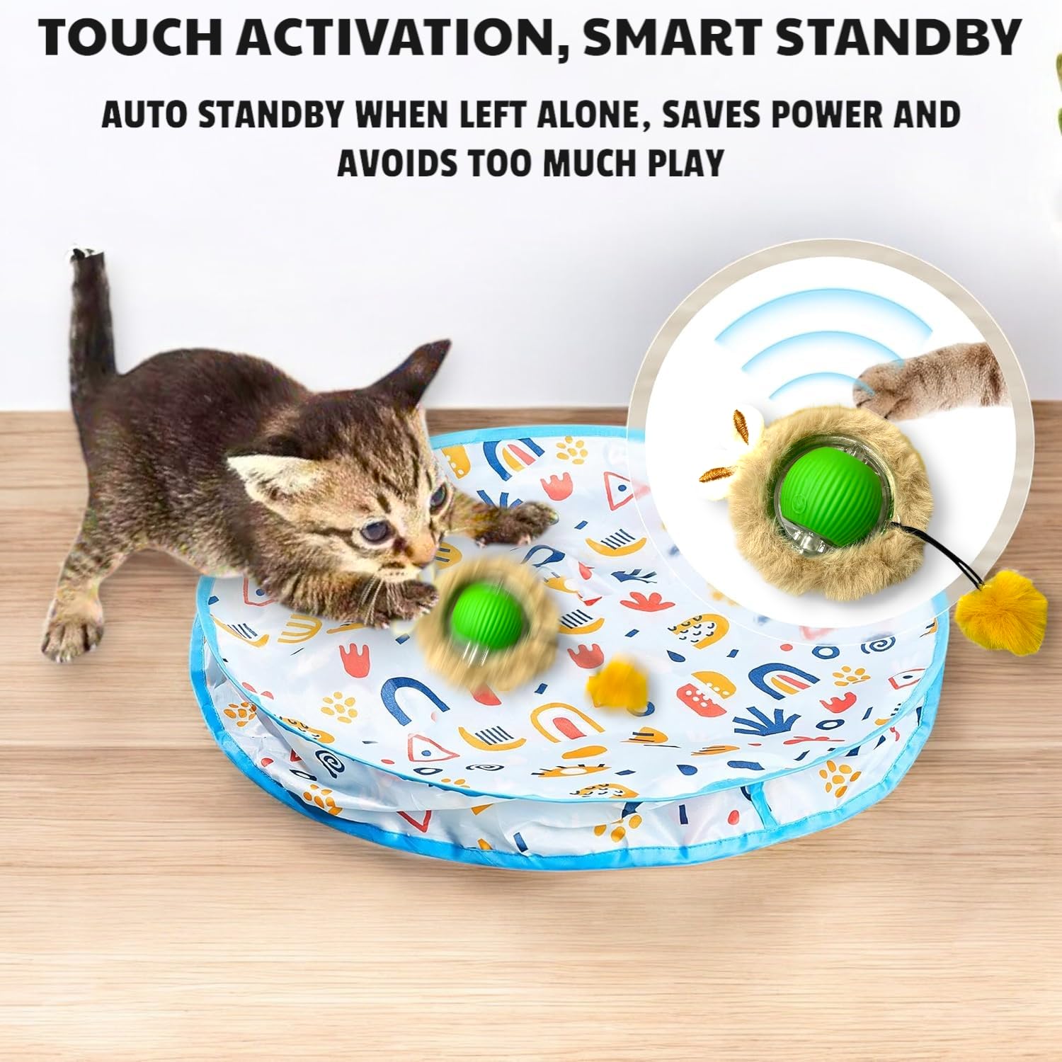 Giocattoli interattivi per gatti, gioco a nascondino con movimento automatico attivato dal movimento, tappetino da gioco da 71 cm, palla a rotolamento rapido in tappetino da gioco per esercizi