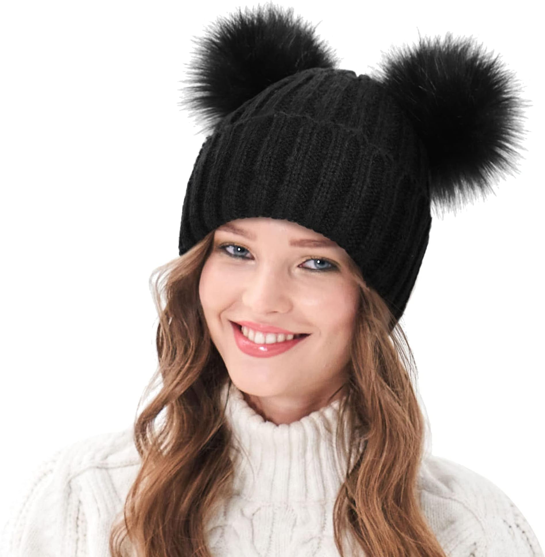 Womens Winter Hat Cable Knit Beanie for Women Faux Fur Pompom Ears
